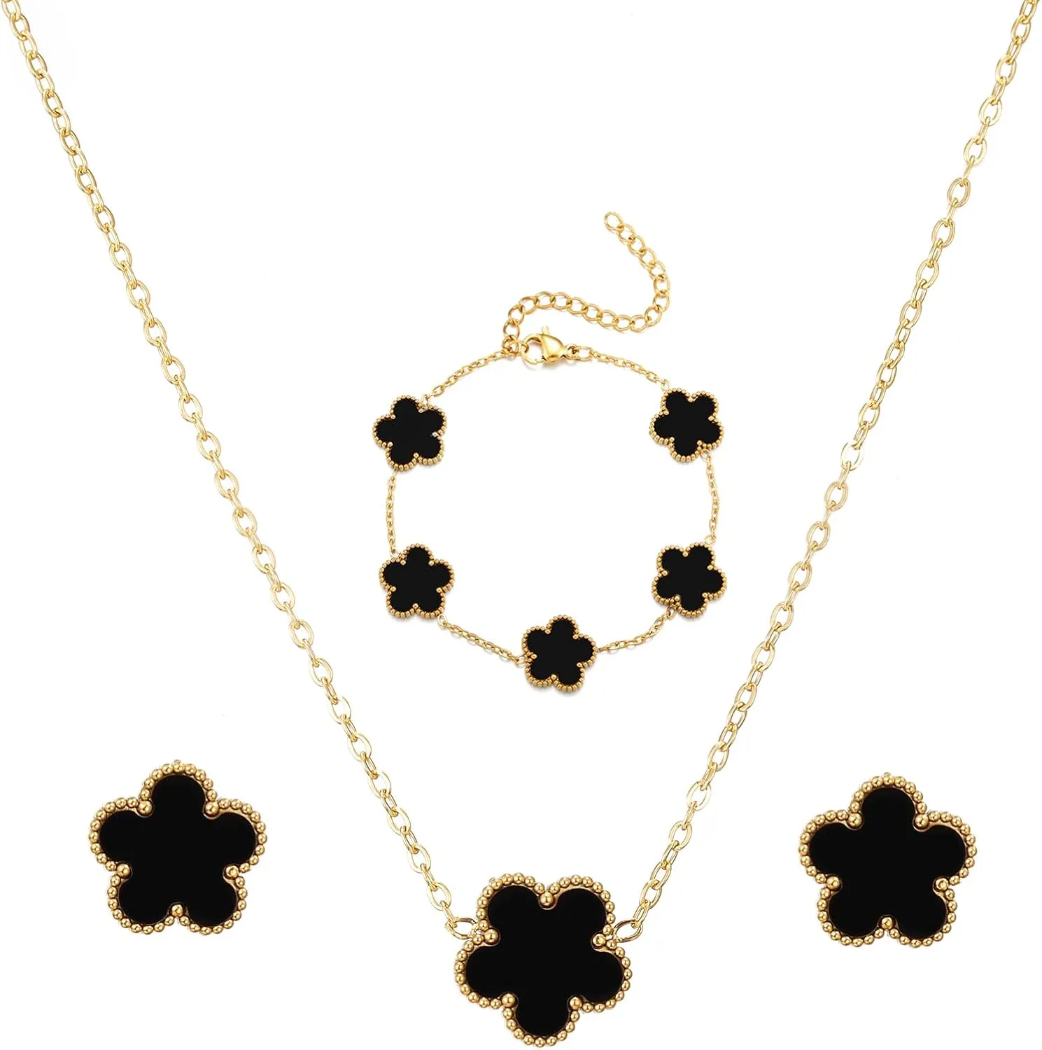 RWQIAN 3 PCS Black Clover Bracelets Set,Gold Plated Clover Necklace Earring Adjustable Bracelets for Women,Lucky Five leaf Clover bracelets with Design Clover Choker,Charm Jewelry Set