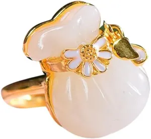 S925 Silver Gold-Plated Natural Hetian White Jade Blessing Bag Ring (Adjustable Opening) for Women Yoga Genuine