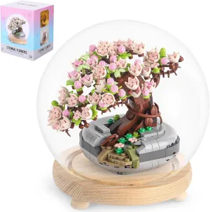 Sakura Bonsai Building Kit, Flower Botanical Collection Construction Toy, Toy Building Block Set with Glass Cover for Adults and Kids