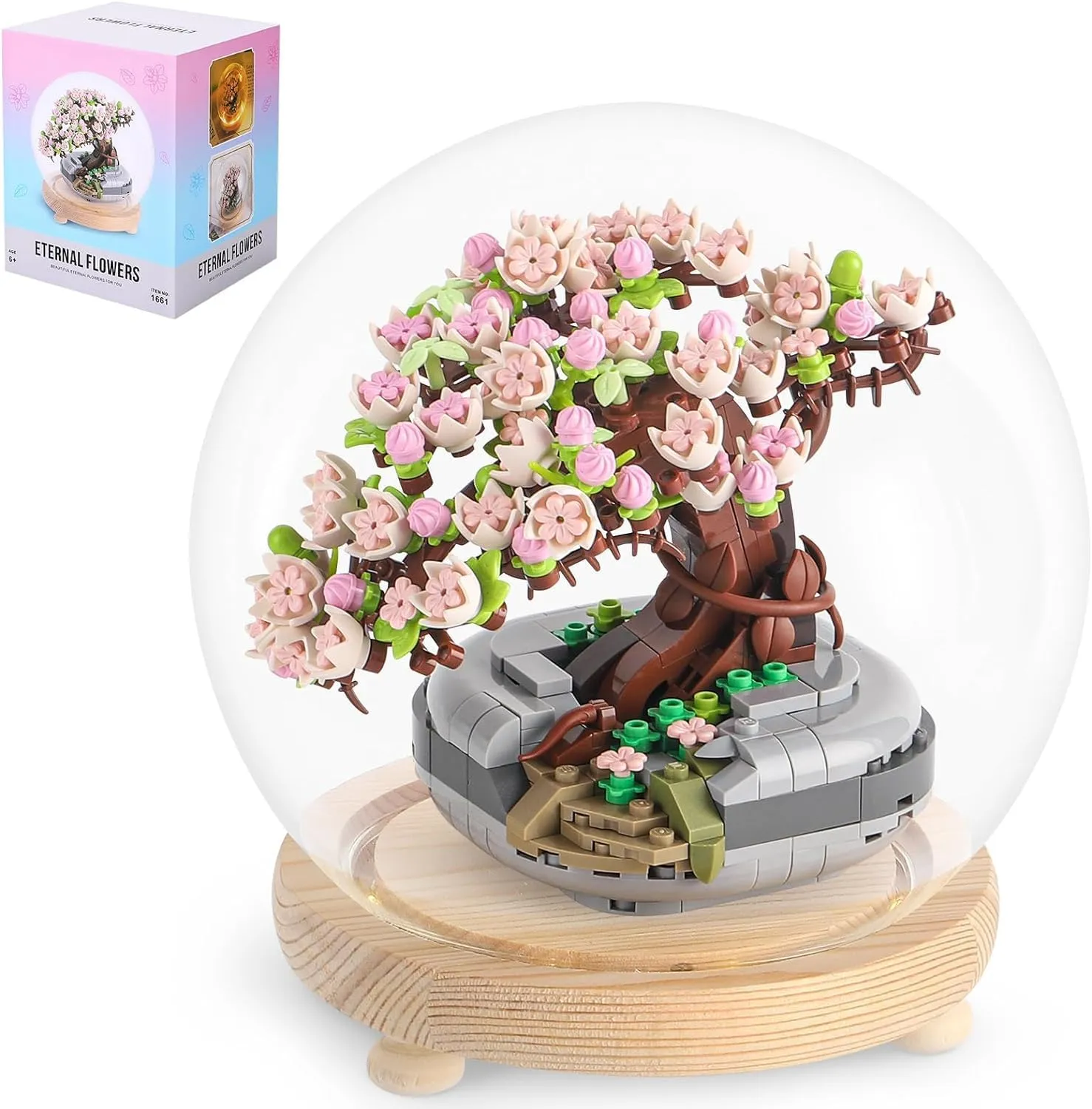 Sakura Bonsai Building Kit, Flower Botanical Collection Construction Toy, Toy Building Block Set with Glass Cover for Adults and Kids