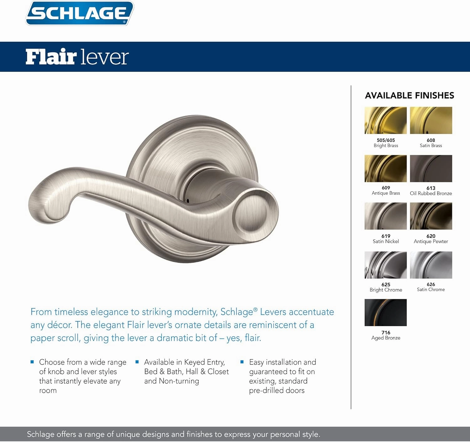 Schlage F10 V FLA 609 Flair Door Lever, Hall & Closet Passage Lock, Antique Brass