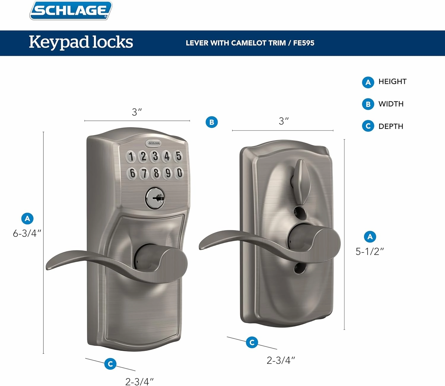 SCHLAGE FE595 CAM 620 ACC Camelot Keypad Entry with Flex-Lock and Accent Levers, Antique Pewter