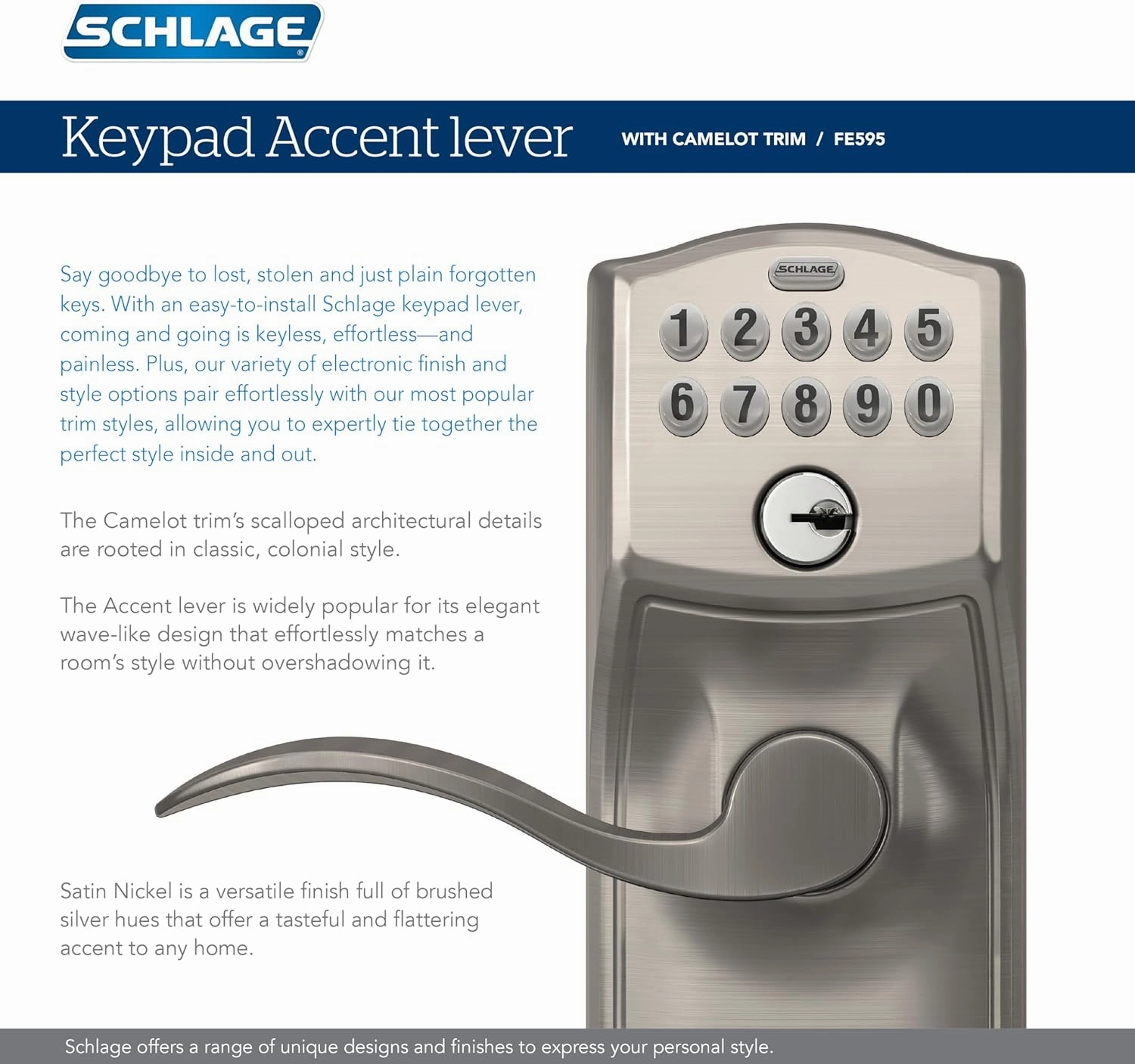 SCHLAGE FE595 CAM 620 ACC Camelot Keypad Entry with Flex-Lock and Accent Levers, Antique Pewter