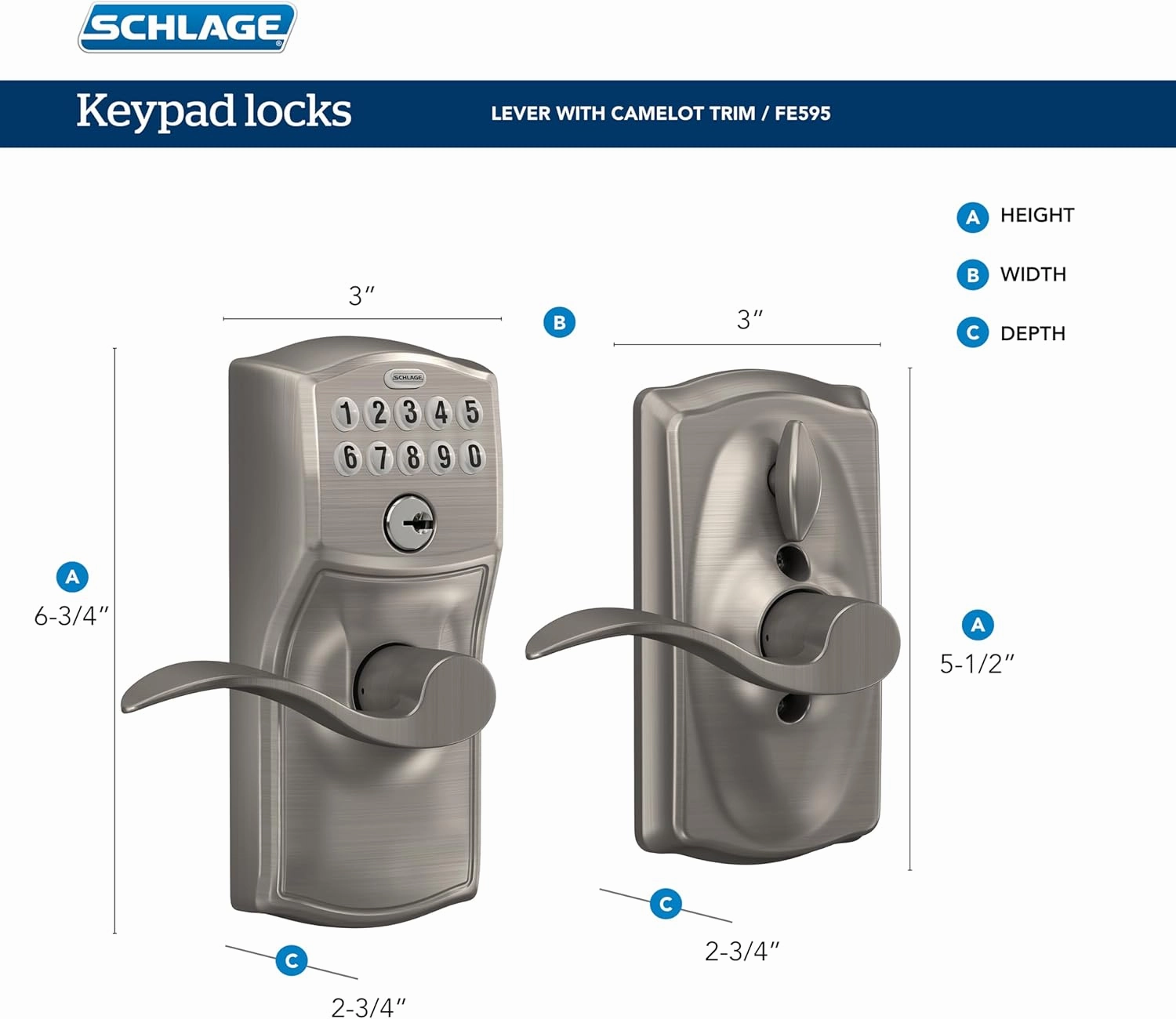 SCHLAGE FE595 CAM 620 ACC Camelot Keypad Entry with Flex-Lock and Accent Levers, Antique Pewter