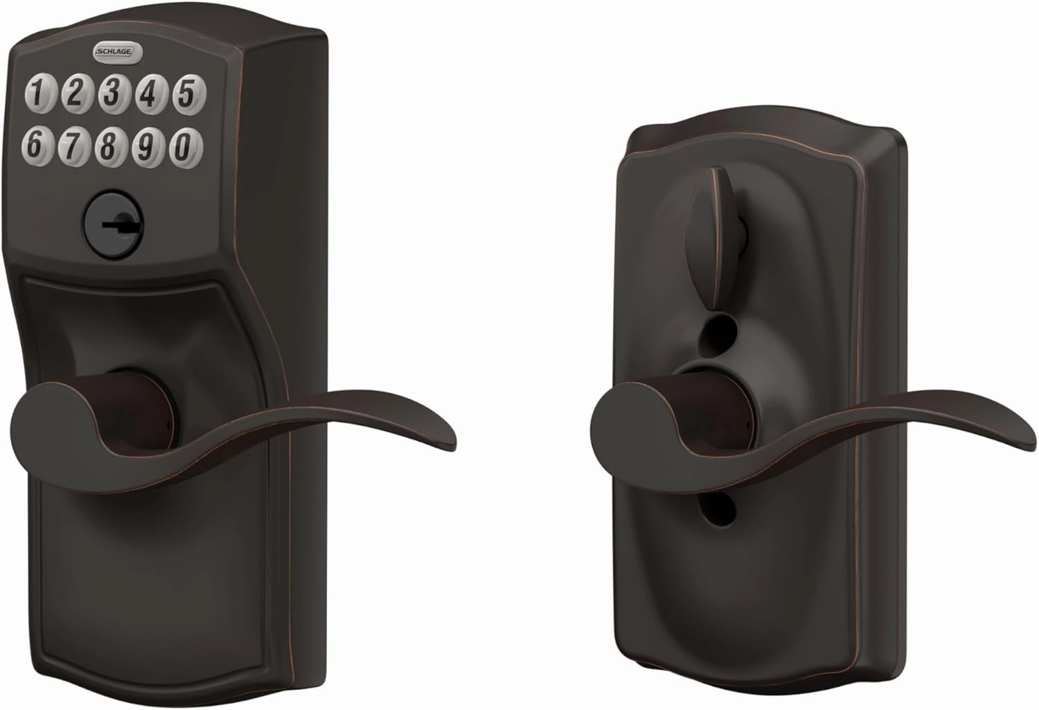 SCHLAGE FE595 CAM 716 ACC Camelot Keypad Entry with Flex-Lock and Accent Levers, Aged Bronze
