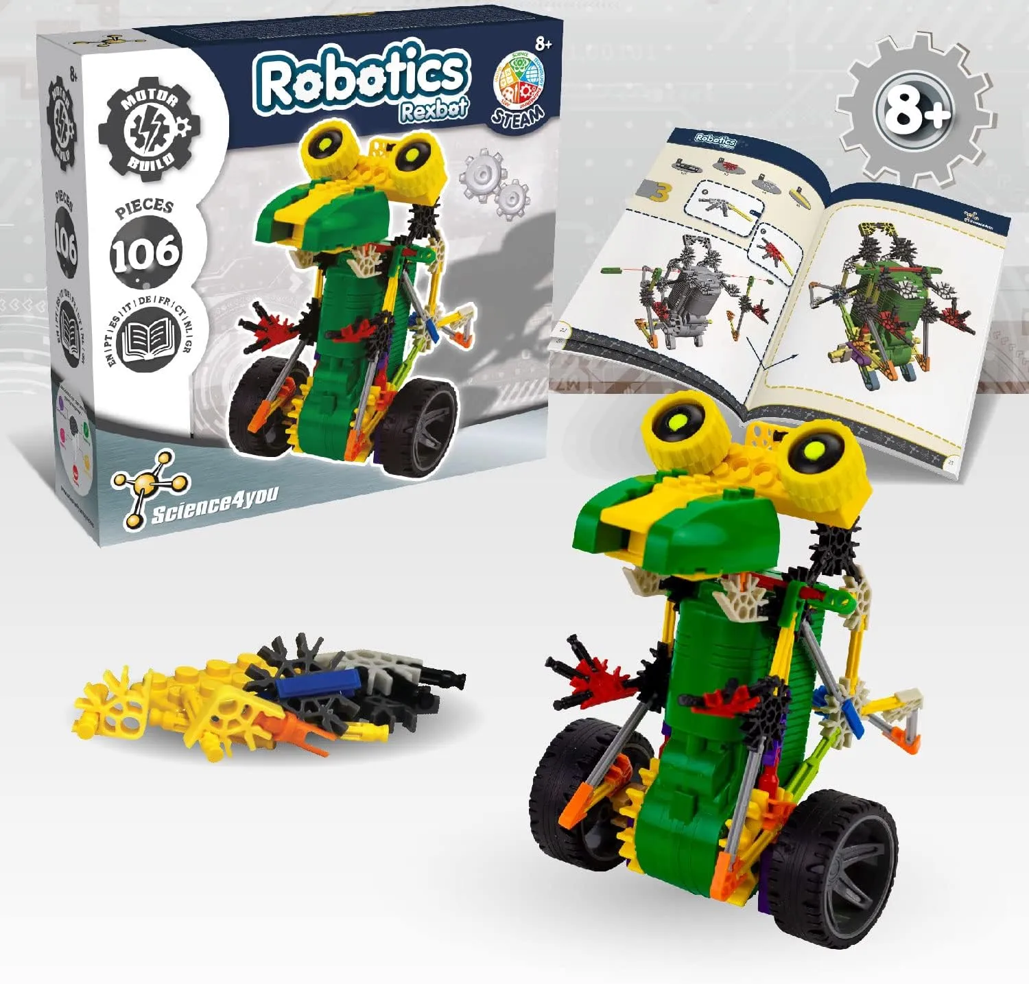Science4you Robotics Rexbot - Robot Building Toy for Kids Age 8-14, Kit with 106 Pieces to Build Your Own Robot and Make it Move, Science Kit and STEM Toy for Kids 8  Years Old