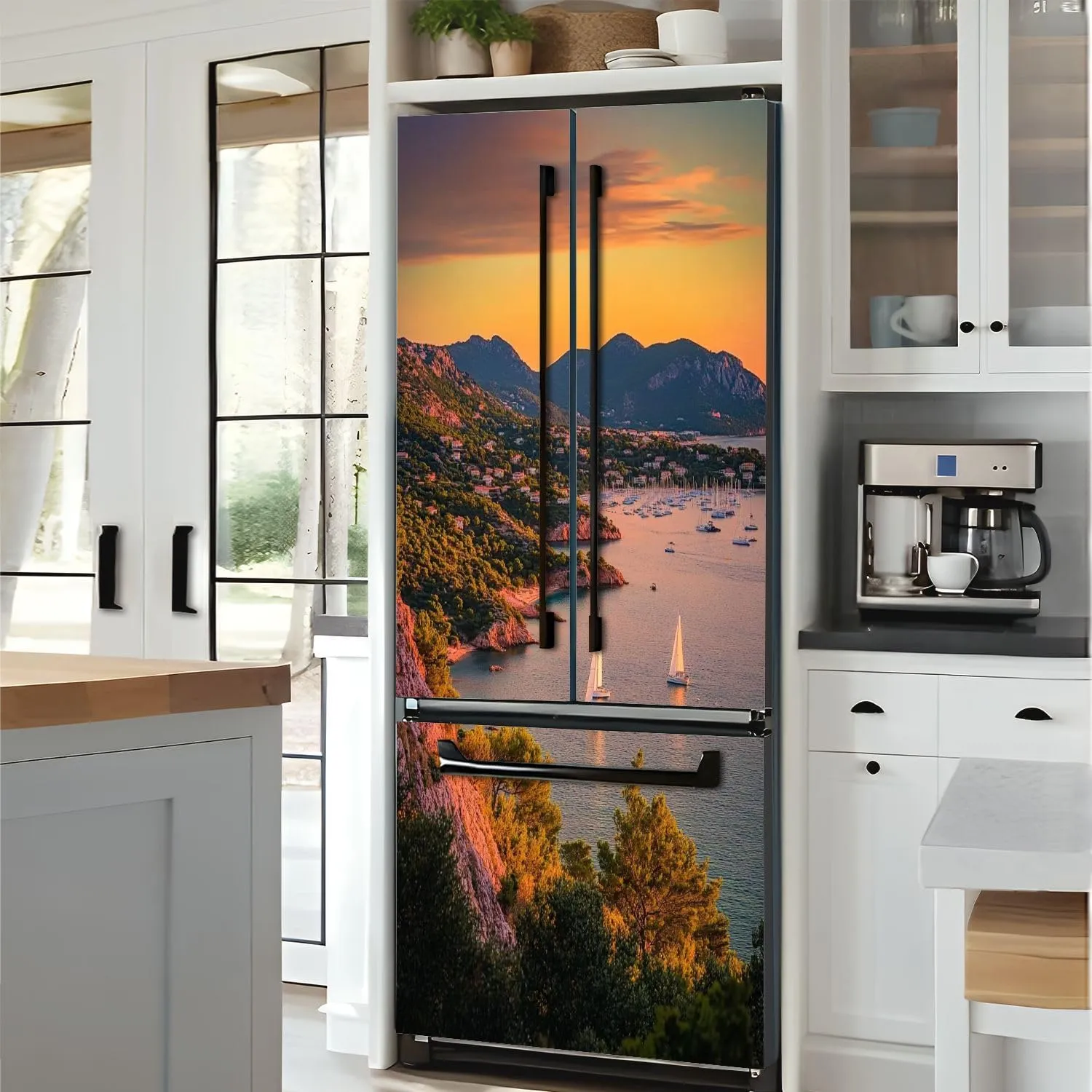 Self Adhesive Vinyl Refrigerator Wrap Sunset Agay massif French Door Mural Sticker Peel and Stick Removable Door Cover Fridge Wrap Decal for Kitchen Decor