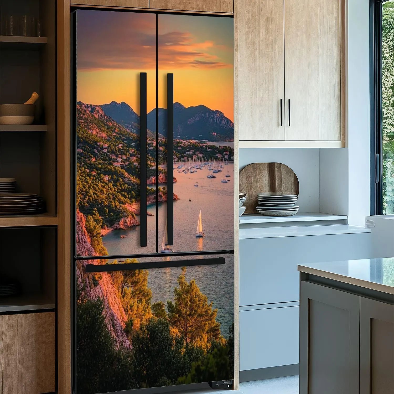 Self Adhesive Vinyl Refrigerator Wrap Sunset Agay massif French Door Mural Sticker Peel and Stick Removable Door Cover Fridge Wrap Decal for Kitchen Decor