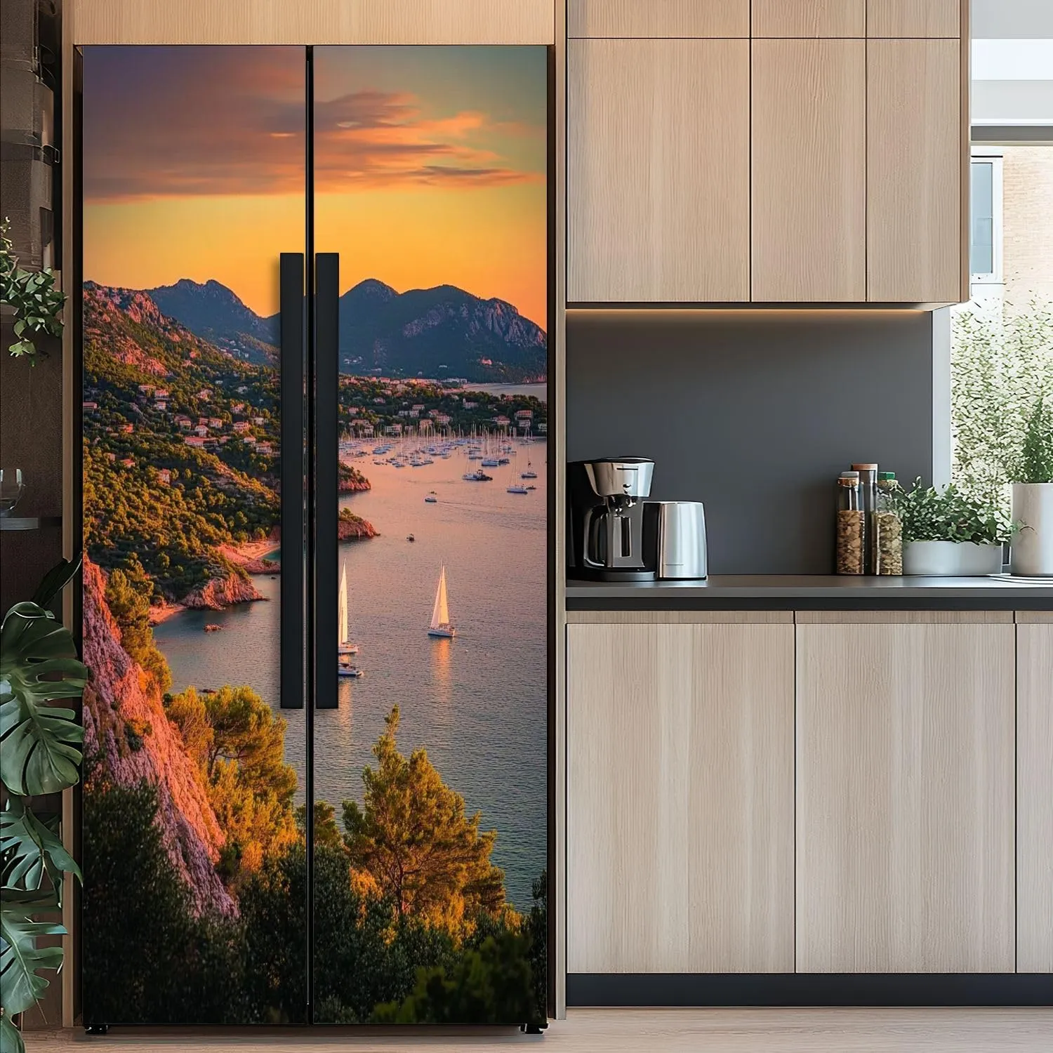 Self Adhesive Vinyl Refrigerator Wrap Sunset Agay massif French Door Mural Sticker Peel and Stick Removable Door Cover Fridge Wrap Decal for Kitchen Decor