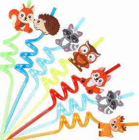 Serencatcher Woodland Animal Party Favors, 24pcs Forest Animal Themed Drinking Straws, Reusable Plastic Straws for Kids & Adults