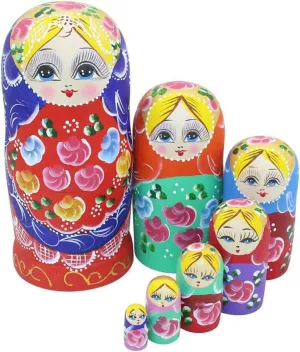 Set of 7 Pieces Beautiful Lovely Wood Red Flower Girl with Blue Scarf Traditonal Russian Nesting Dolls Matryoshka Wishing Dolls Toy Gift Home Room Decoration