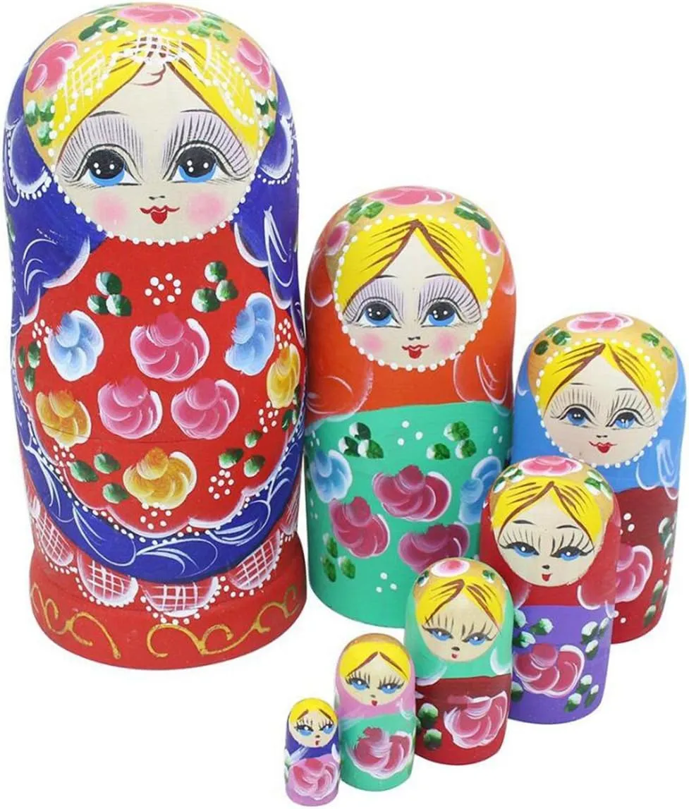 Set of 7 Pieces Beautiful Lovely Wood Red Flower Girl with Blue Scarf Traditonal Russian Nesting Dolls Matryoshka Wishing Dolls Toy Gift Home Room Decoration
