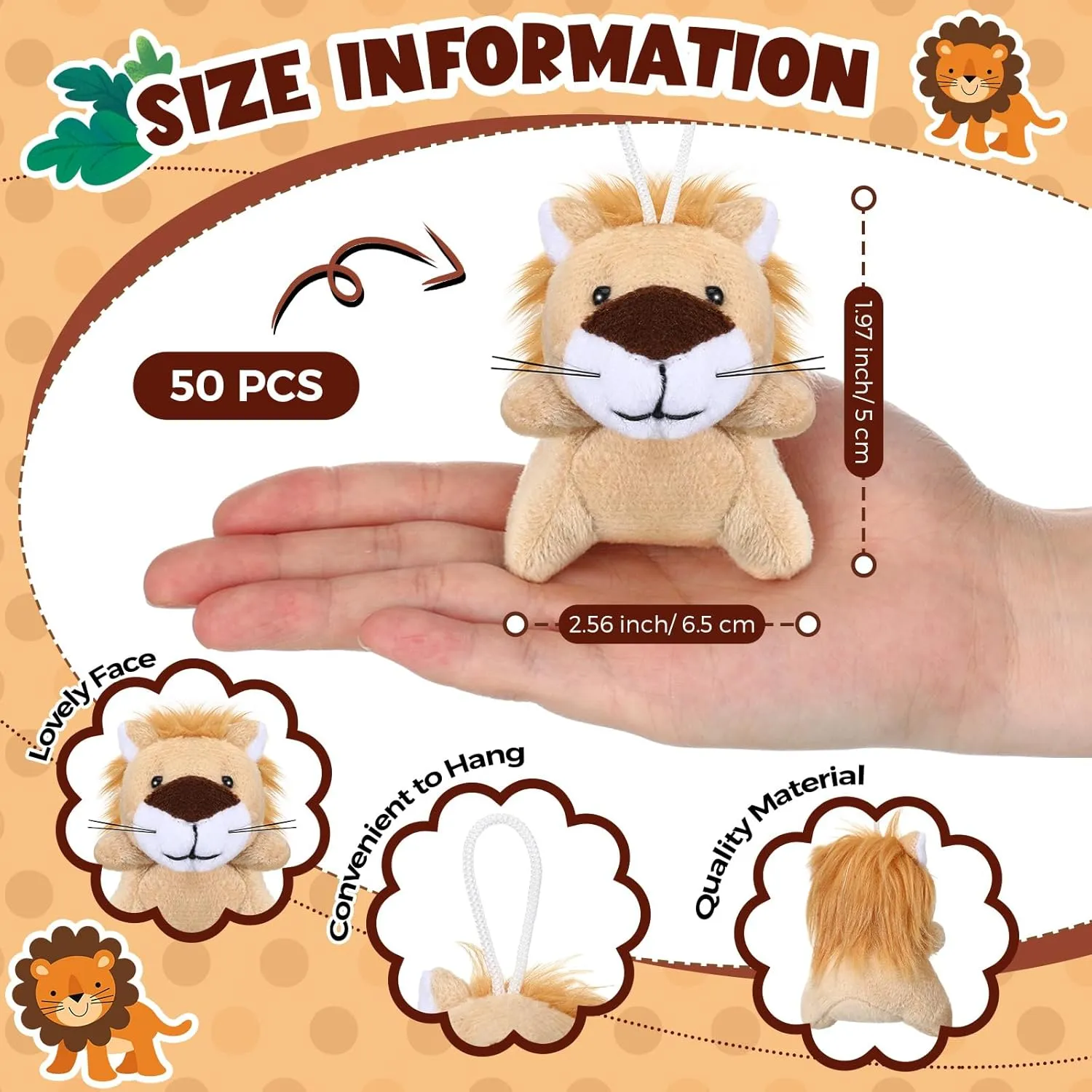 Shappy 50 Pcs Mini Animal Plush Toys Small Stuffed Animals Bulk Cute Tiny Plushies Keychains for Gift Party Carnival Prize(Lion)