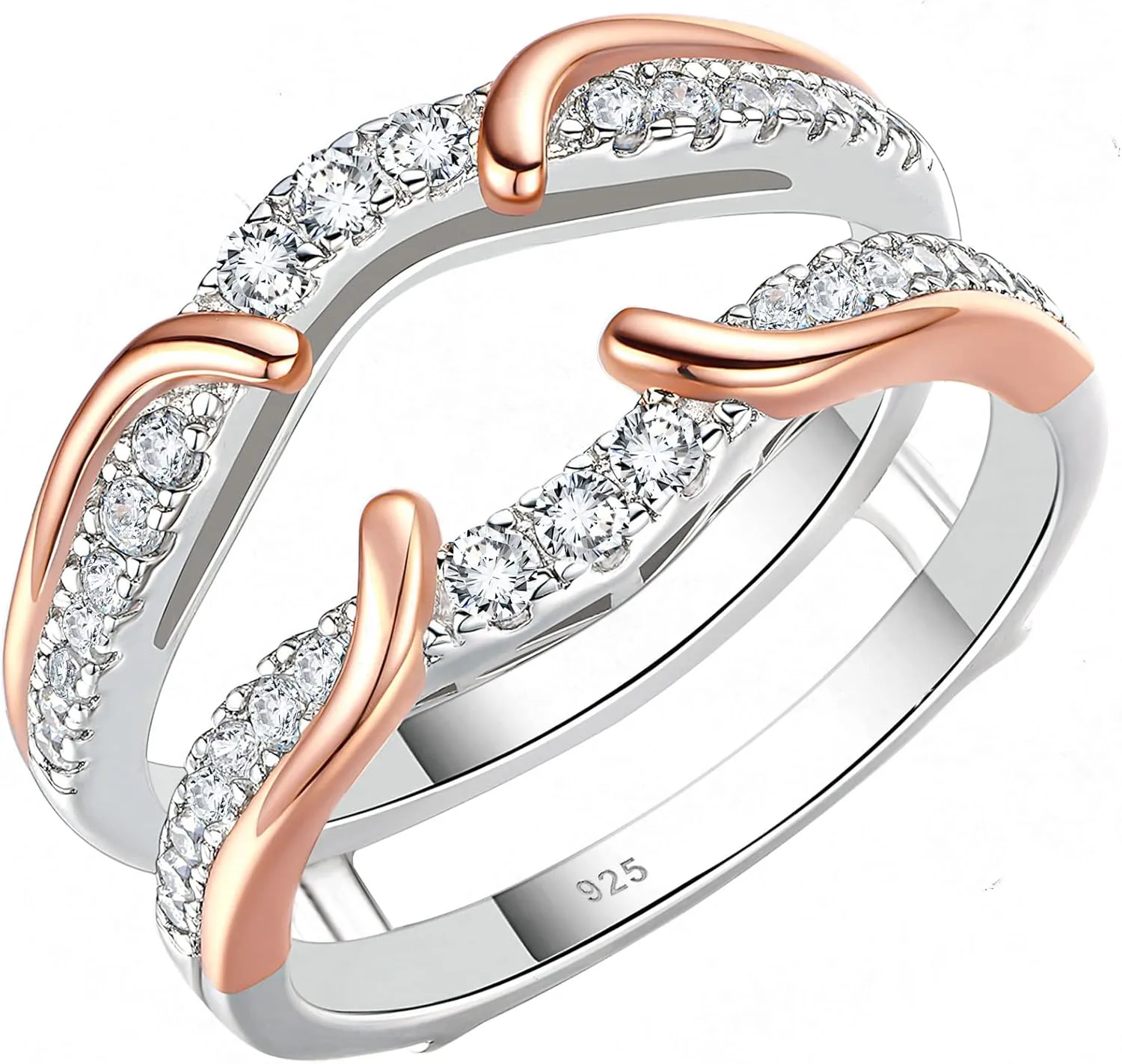 SHELOVES Two Tone Rose Gold Ring Guard 925 Sterling Silver Round CZ Ring Enhancer for Engagement Rings 5-12