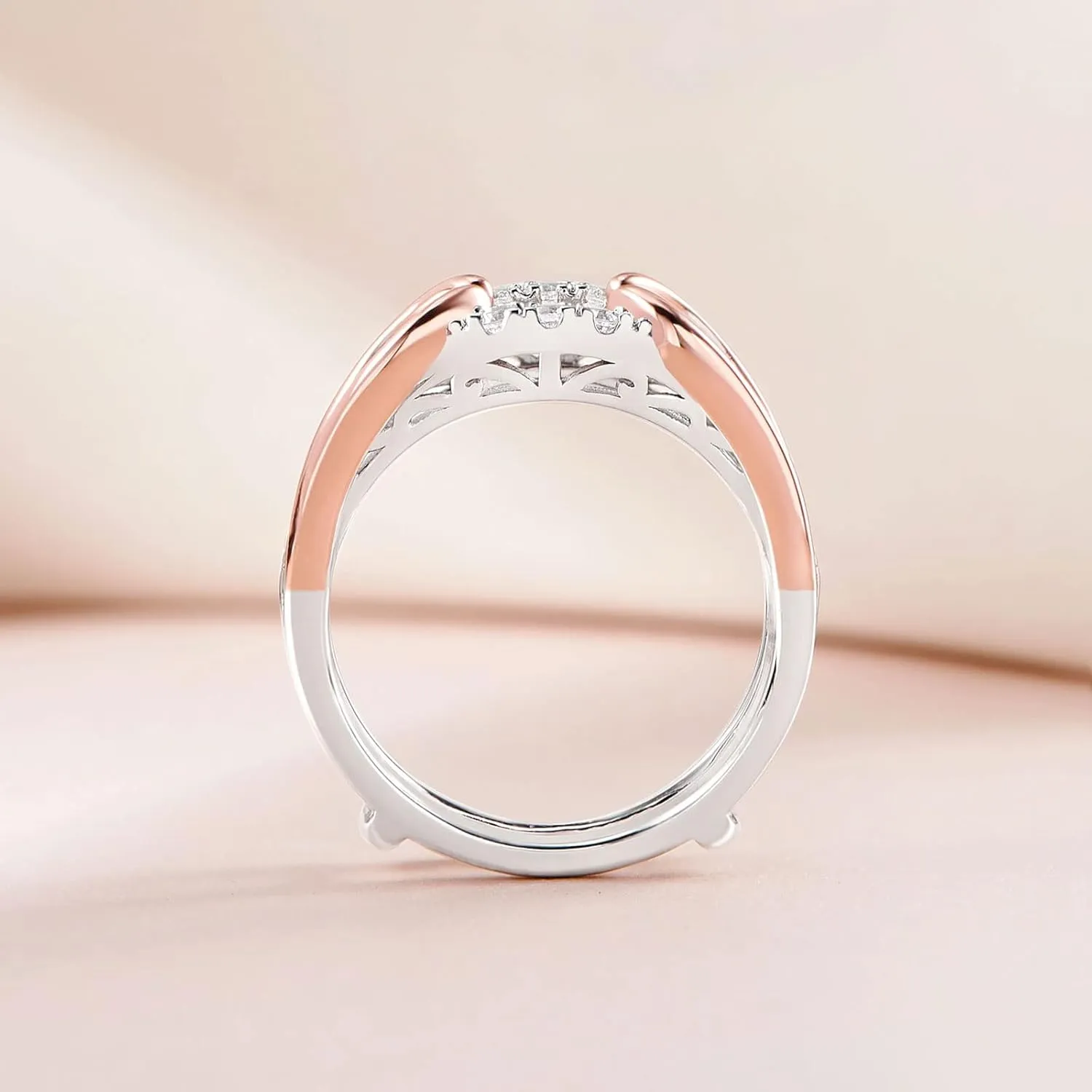 SHELOVES Two Tone Rose Gold Ring Guard 925 Sterling Silver Round CZ Ring Enhancer for Engagement Rings 5-12
