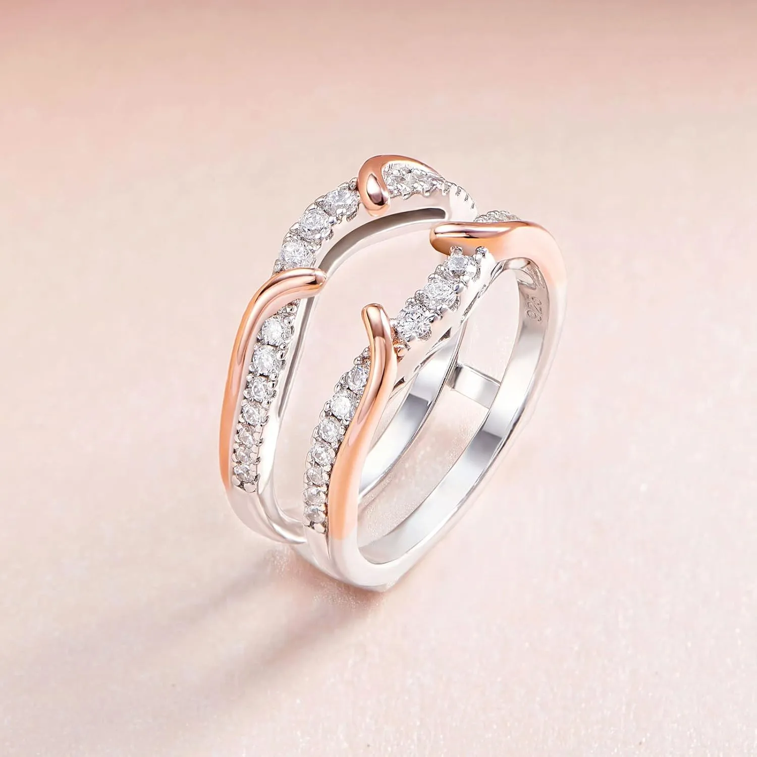 SHELOVES Two Tone Rose Gold Ring Guard 925 Sterling Silver Round CZ Ring Enhancer for Engagement Rings 5-12