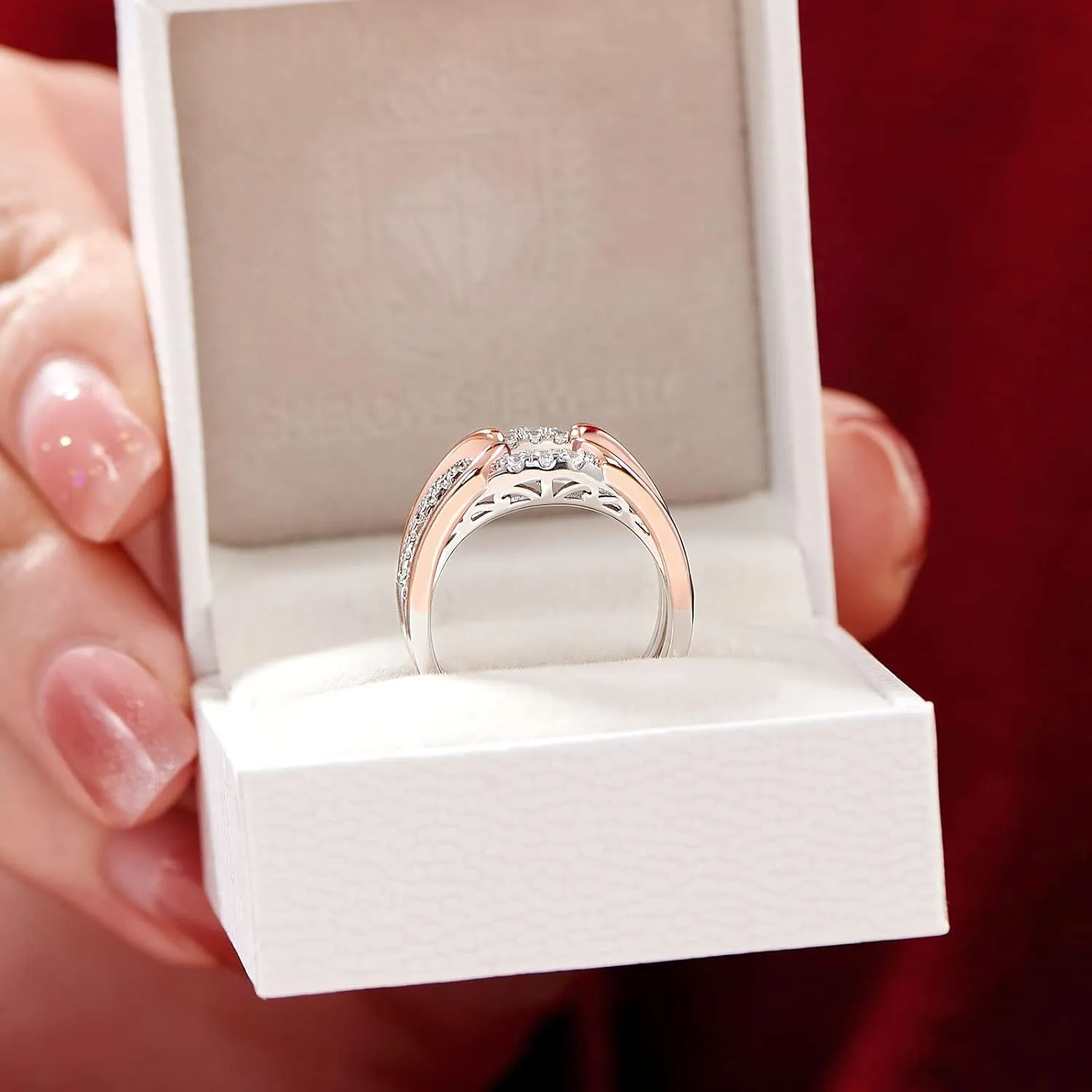 SHELOVES Two Tone Rose Gold Ring Guard 925 Sterling Silver Round CZ Ring Enhancer for Engagement Rings 5-12