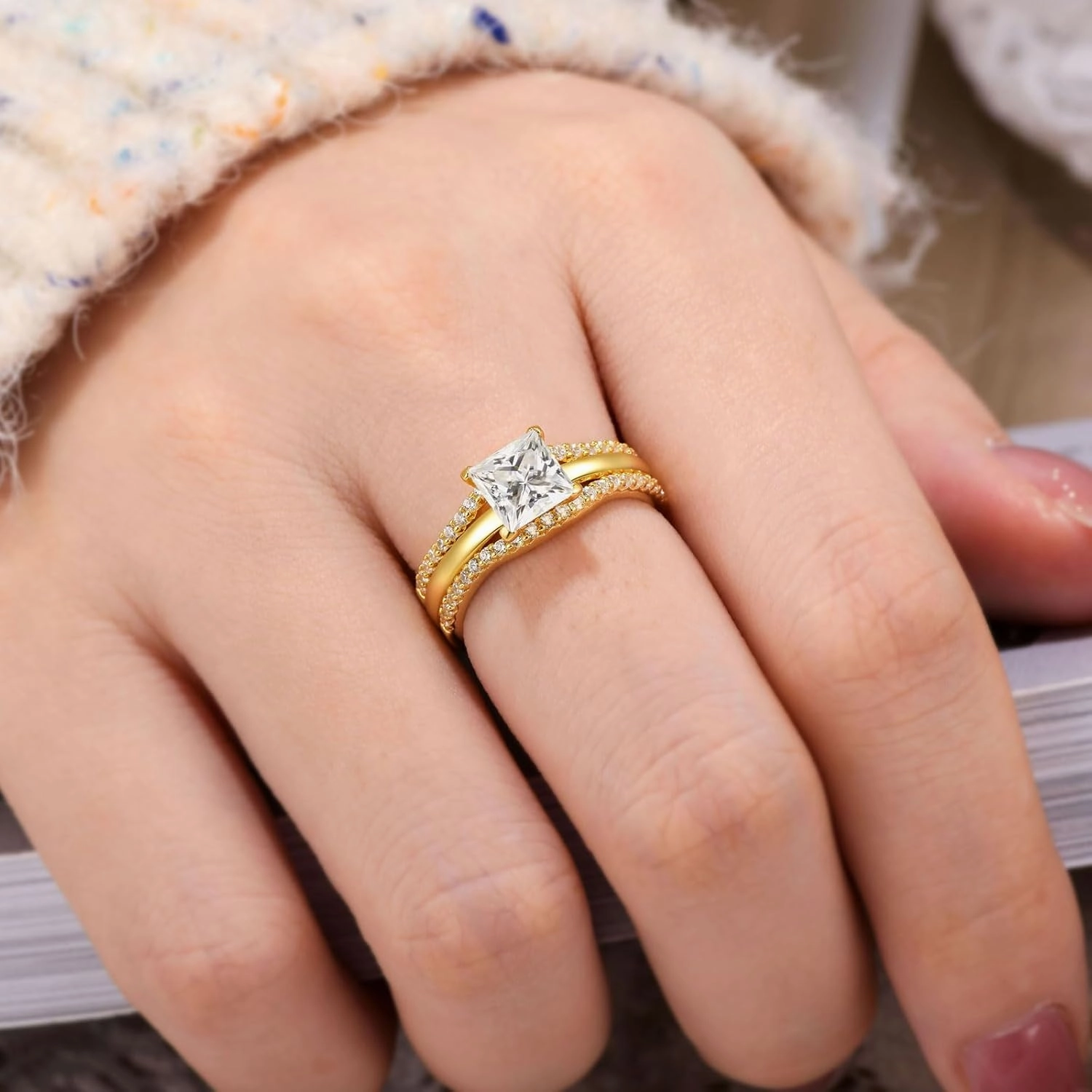 SHELOVES Solitaire Princess CZ Engagement Rings Set Wedding Band Guard Ring Enhancers Sterling Silver 5-12