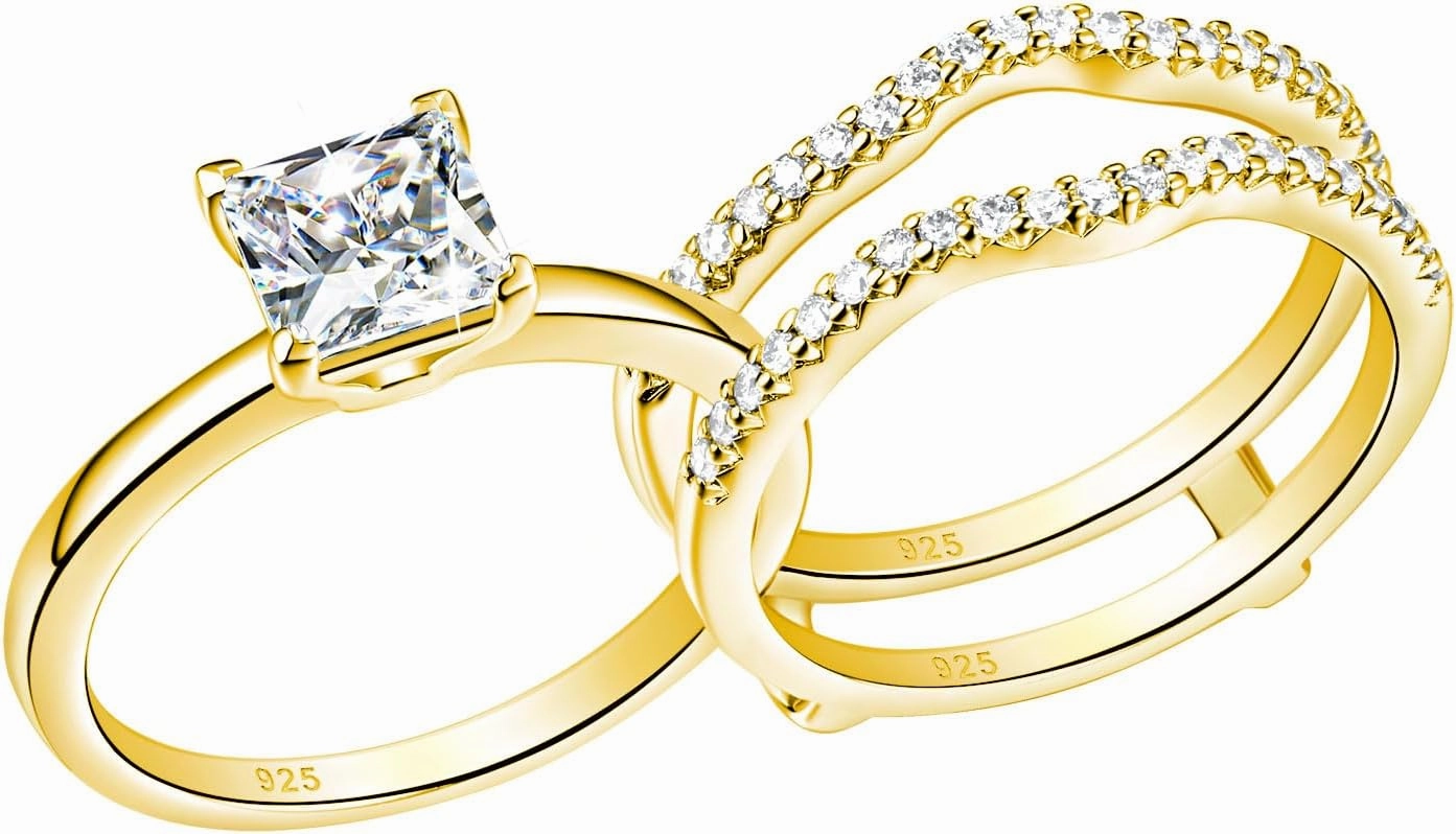 SHELOVES Solitaire Princess CZ Engagement Rings Set Wedding Band Guard Ring Enhancers Sterling Silver 5-12