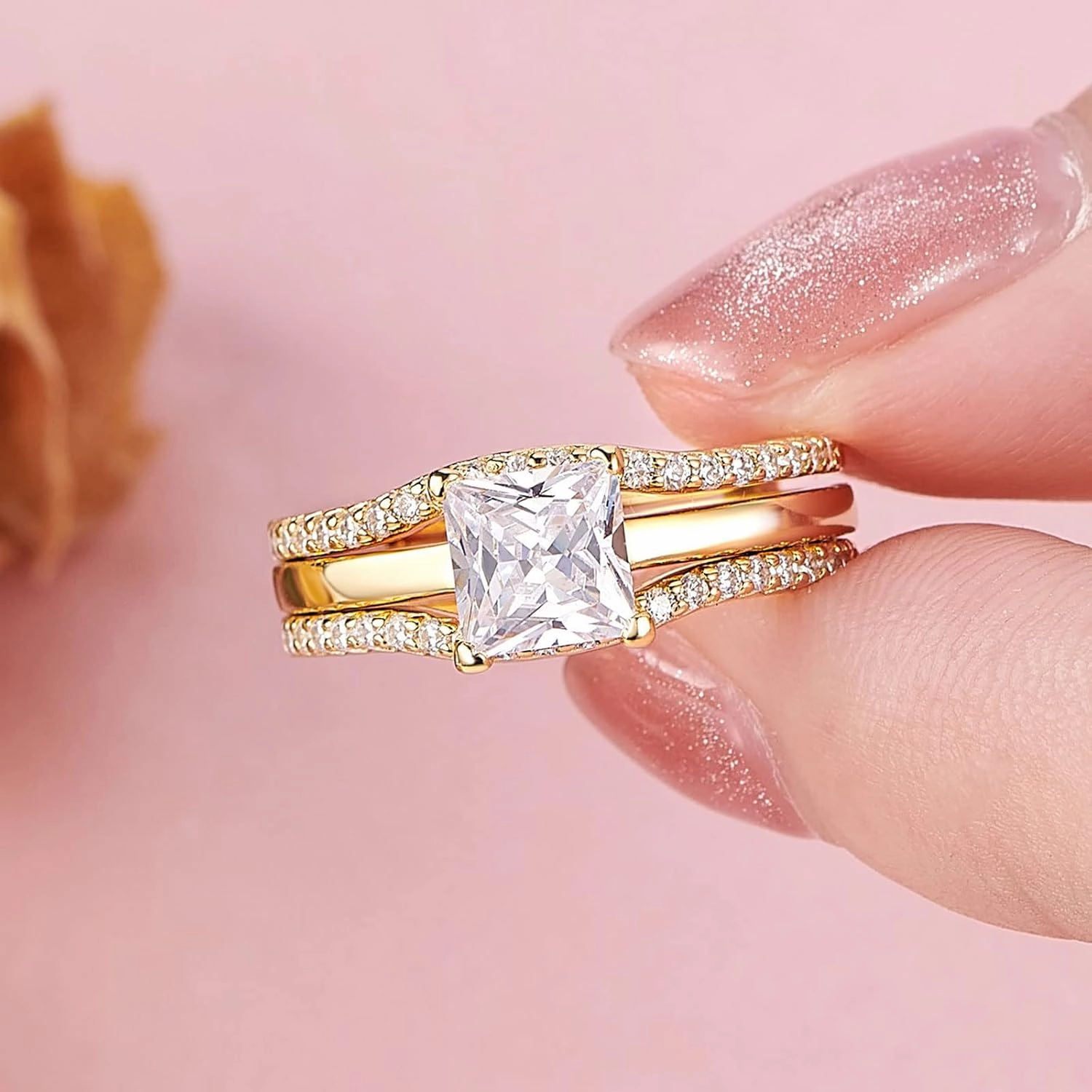 SHELOVES Solitaire Princess CZ Engagement Rings Set Wedding Band Guard Ring Enhancers Sterling Silver 5-12