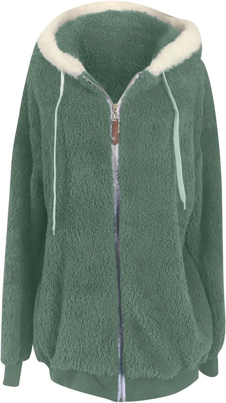 Sherpa Jackets For Women Fashion Winter Fuzzy Fleece Teddy Coat Hooded Zip Up Shaggy Fluffy Coats Warm Winter Outwear