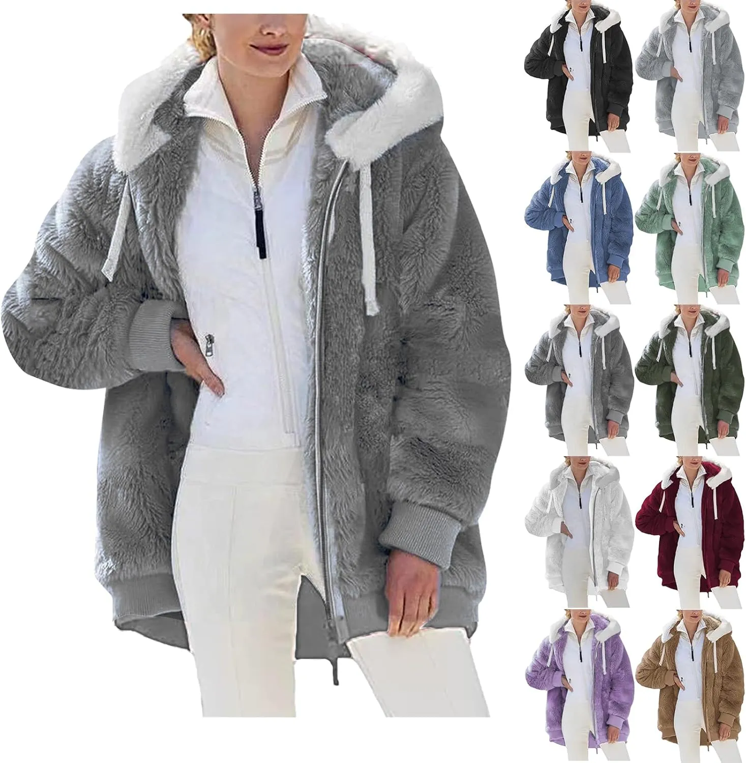 Sherpa Jackets For Women Fashion Winter Fuzzy Fleece Teddy Coat Hooded Zip Up Shaggy Fluffy Coats Warm Winter Outwear