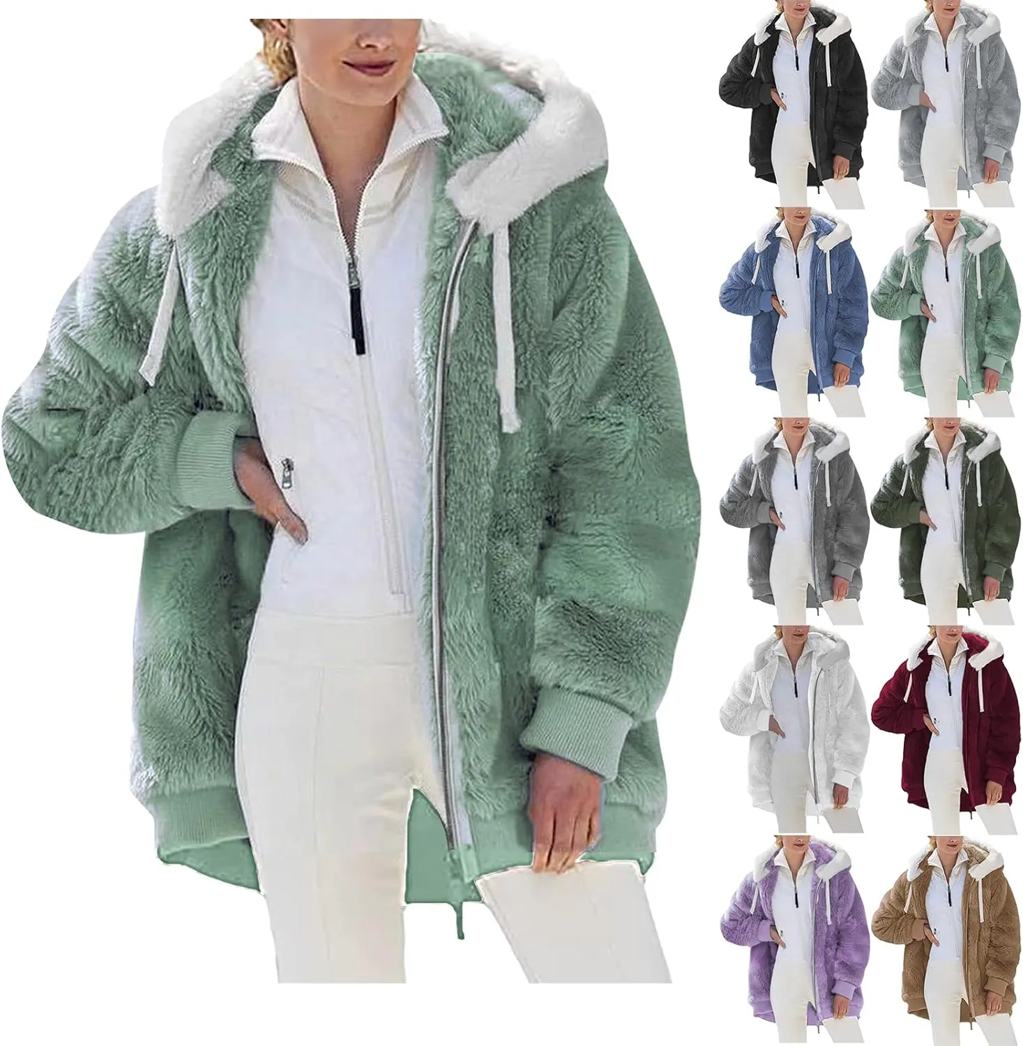 Sherpa Jackets For Women Fashion Winter Fuzzy Fleece Teddy Coat Hooded Zip Up Shaggy Fluffy Coats Warm Winter Outwear