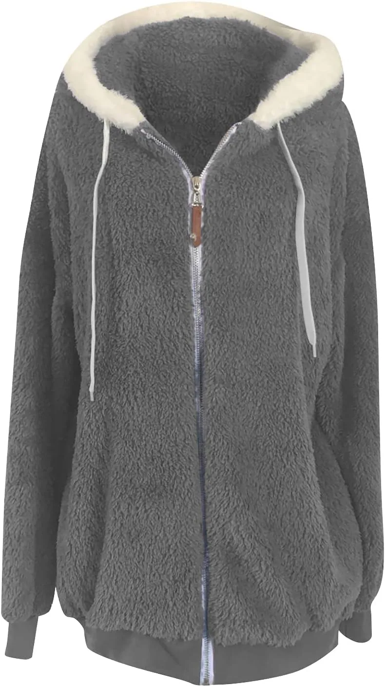 Sherpa Jackets For Women Fashion Winter Fuzzy Fleece Teddy Coat Hooded Zip Up Shaggy Fluffy Coats Warm Winter Outwear