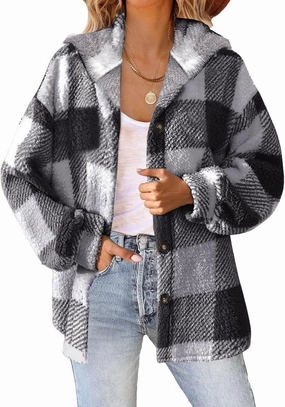Sherpa Jacket For Women Fuzzy Fleece Winter Coats Plaid Button Down Shacket Casual Warm Teddy Coat Outwear 2023