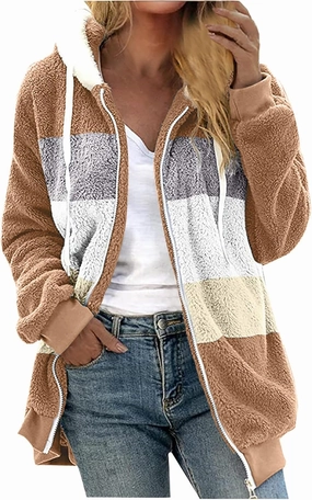 Sherpa Jacket For Women With Hood Causal Loose Plus Size Zip Up Color Block Fuzzy Fleece Coat Warm Teddy Outwear