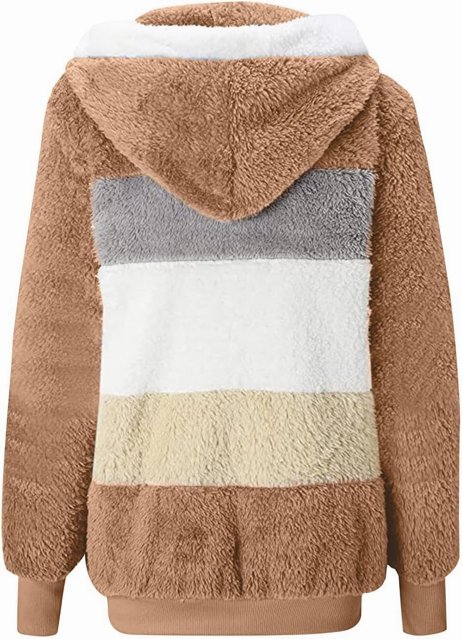 Sherpa Jacket For Women With Hood Causal Loose Plus Size Zip Up Color Block Fuzzy Fleece Coat Warm Teddy Outwear