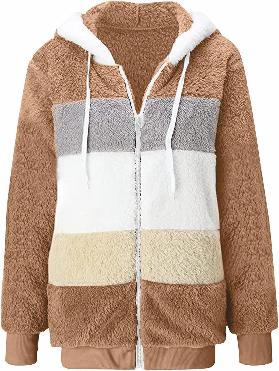 Sherpa Jacket For Women With Hood Causal Loose Plus Size Zip Up Color Block Fuzzy Fleece Coat Warm Teddy Outwear
