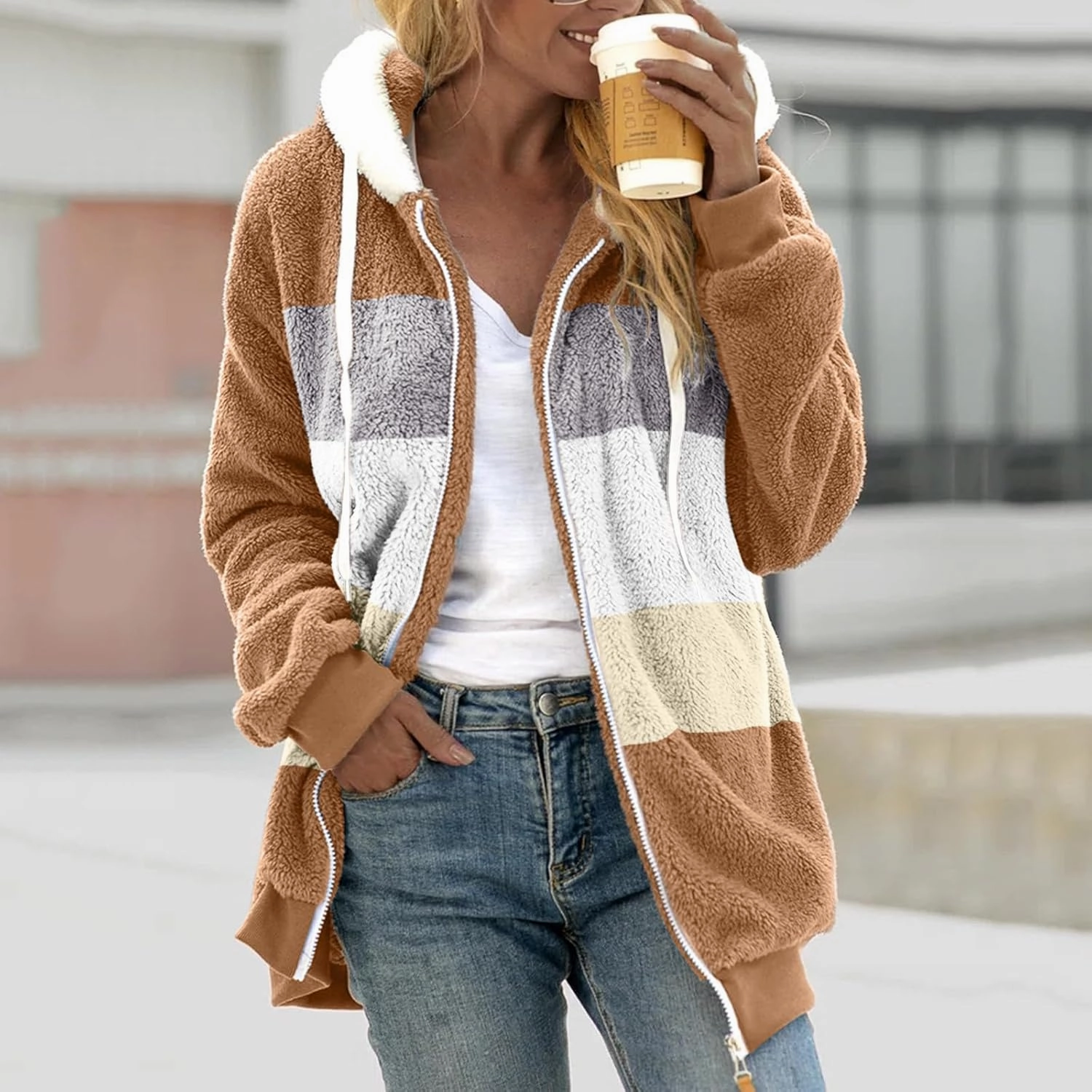 Sherpa Jacket For Women With Hood Causal Loose Plus Size Zip Up Color Block Fuzzy Fleece Coat Warm Teddy Outwear