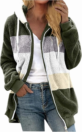 Sherpa Jacket For Women With Hood Causal Loose Plus Size Zip Up Color Block Fuzzy Fleece Coat Warm Teddy Outwear