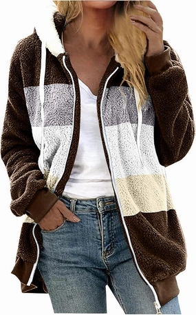 Sherpa Jacket For Women With Hood Causal Loose Plus Size Zip Up Color Block Fuzzy Fleece Coat Warm Teddy Outwear