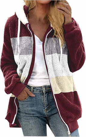 Sherpa Jacket For Women With Hood Causal Loose Plus Size Zip Up Color Block Fuzzy Fleece Coat Warm Teddy Outwear