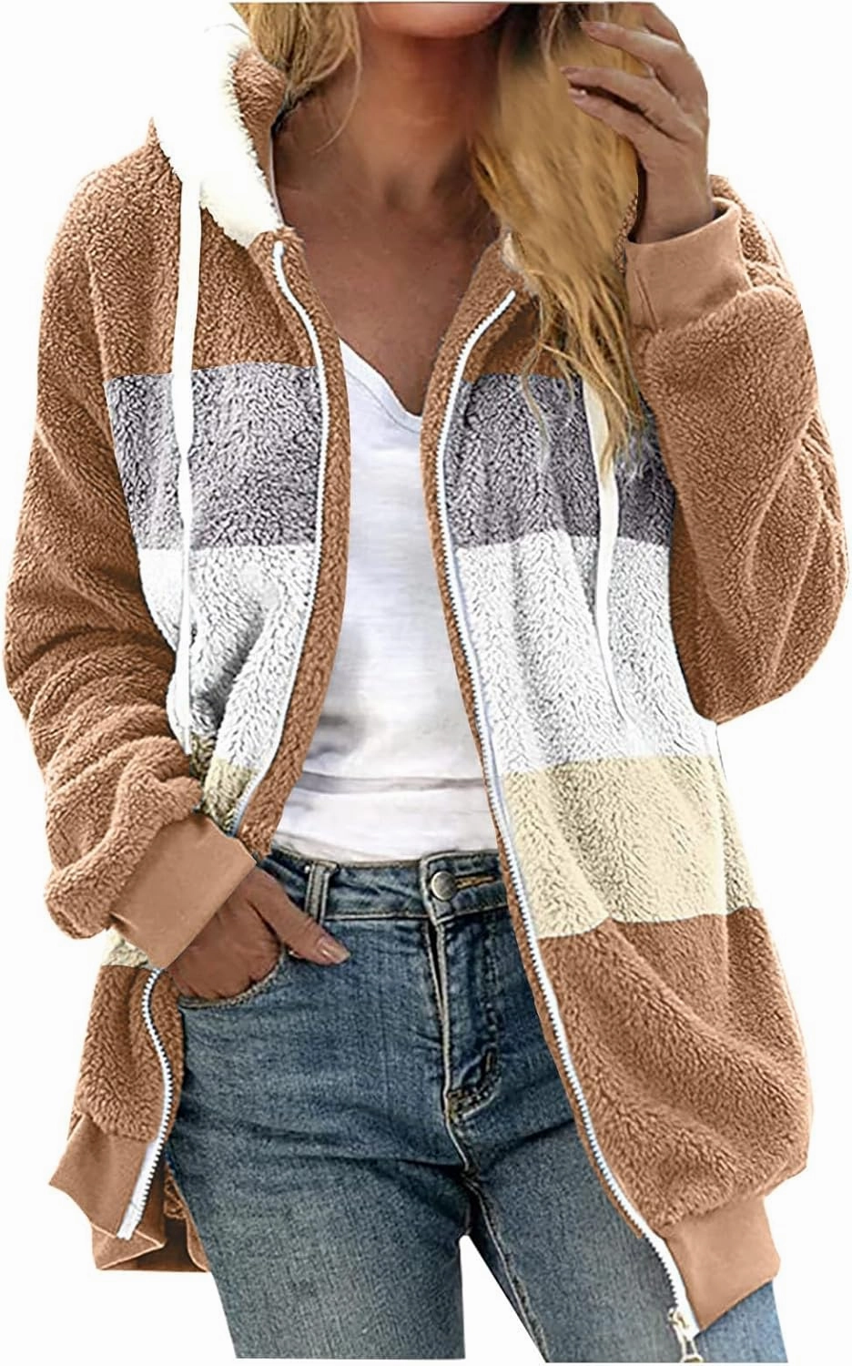 Sherpa Jacket For Women With Hood Causal Loose Plus Size Zip Up Color Block Fuzzy Fleece Coat Warm Teddy Outwear