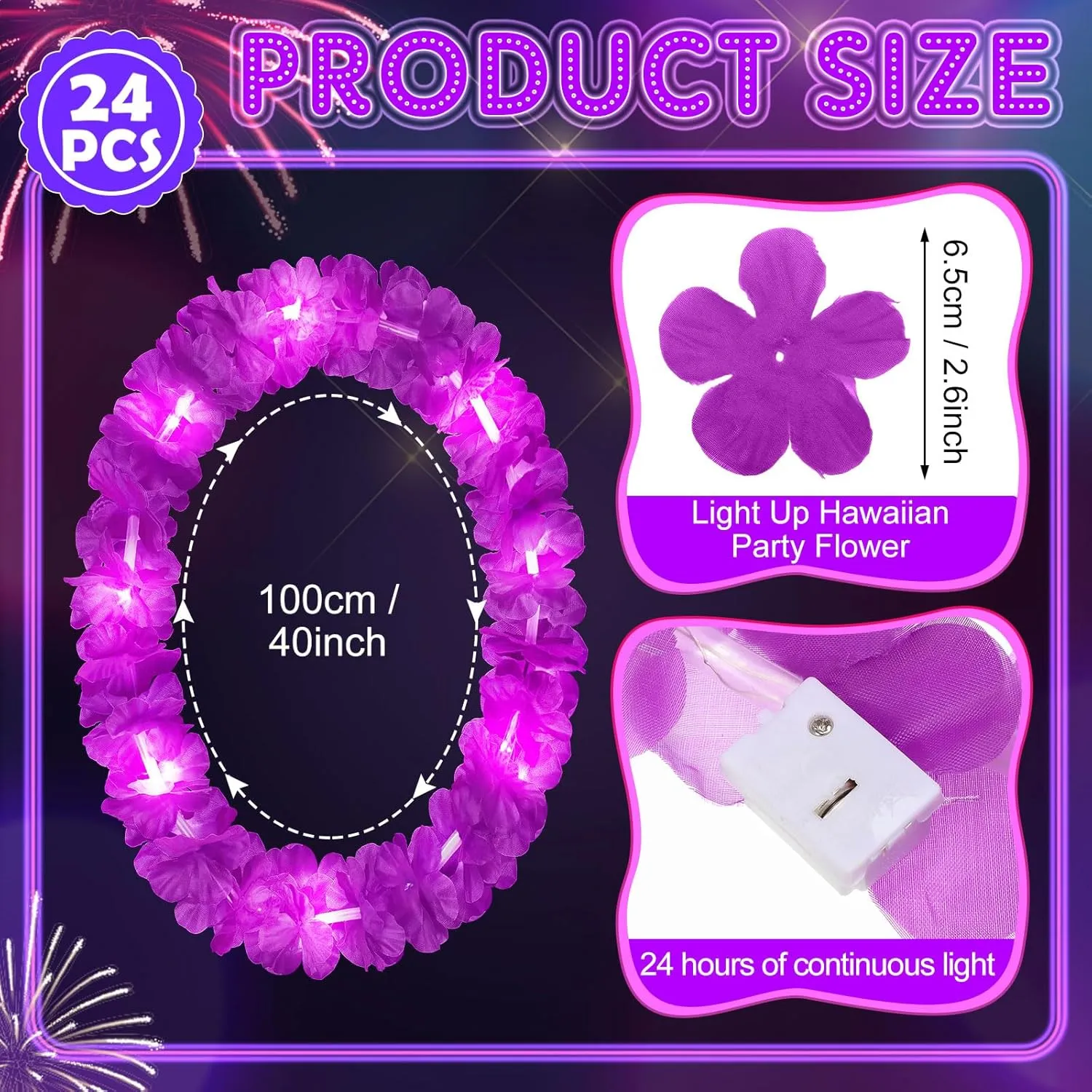 Sherr 24 Pcs LED Leis Light Up Wedding Hawaiian Leis Flower Necklace with LED Lights Beach Tropical Carnival Party Wedding Supplies Luau for Masquerade(Dark Purple)