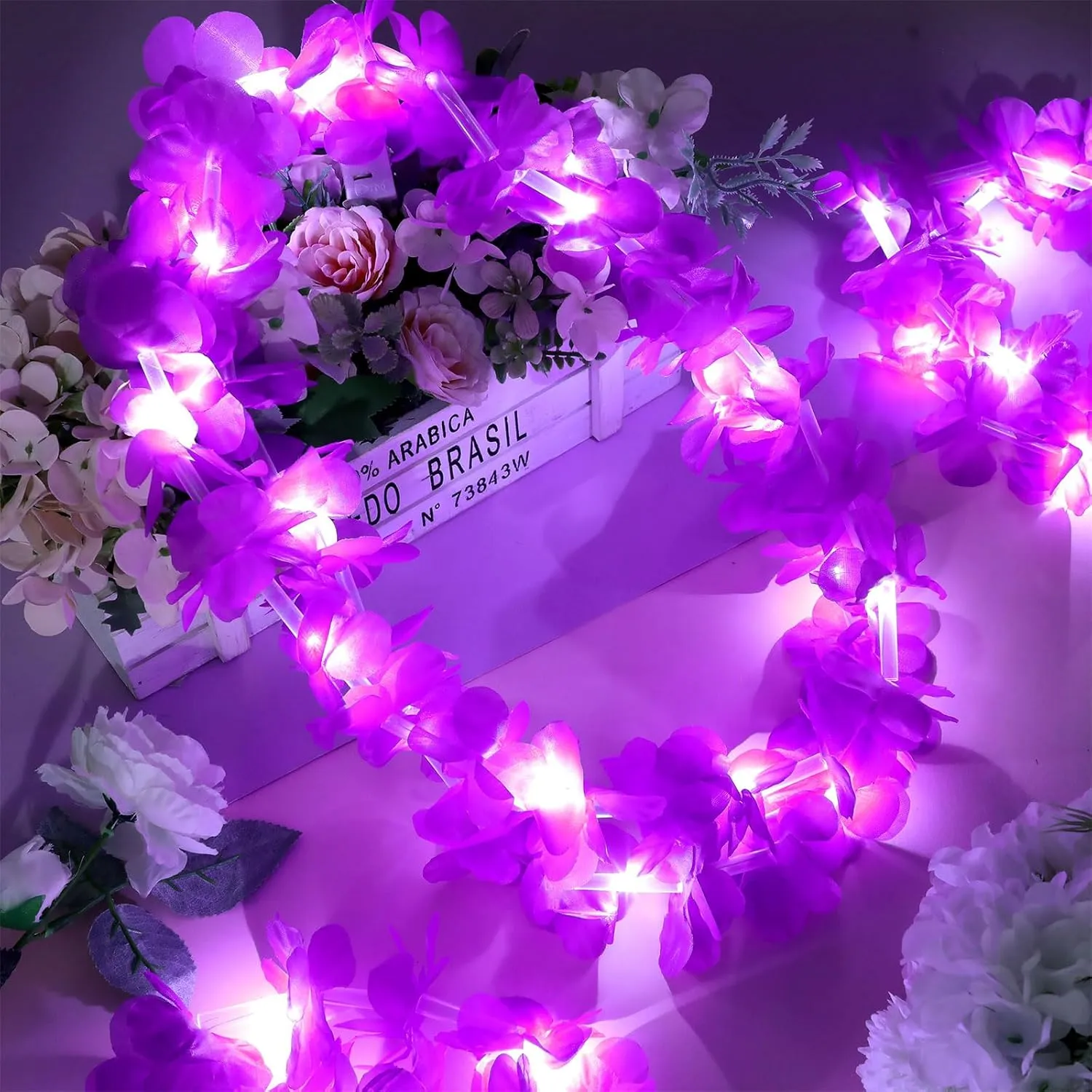 Sherr 24 Pcs LED Leis Light Up Wedding Hawaiian Leis Flower Necklace with LED Lights Beach Tropical Carnival Party Wedding Supplies Luau for Masquerade(Dark Purple)
