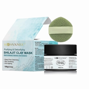 Shilajit Clay Face Mask with Sunflower Oil, Sea Moss & Charcoal, Deep Purifying Cleansing Mud Mask for Blackheads and Pores, Skin Soothing & Anti aging, Come with A Facial Sponge