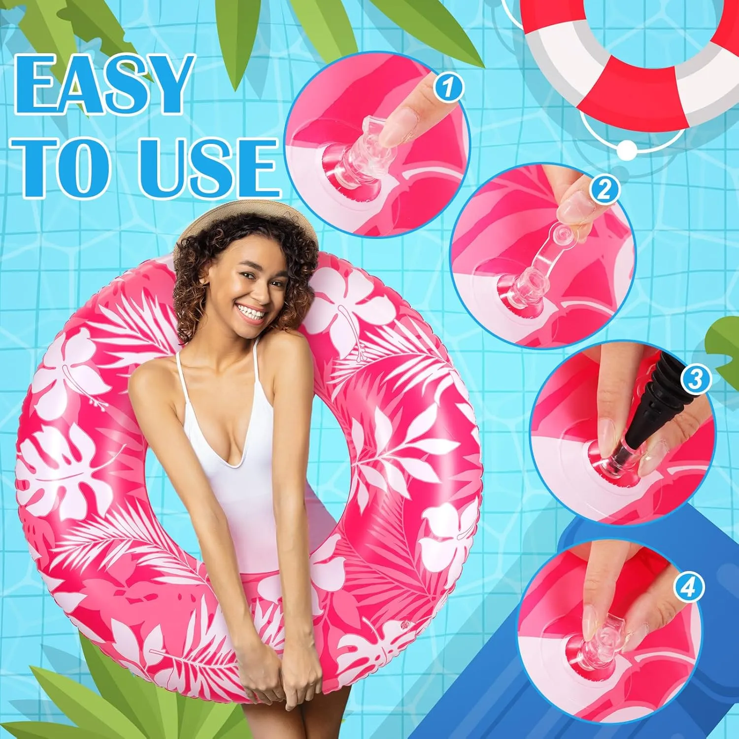 ShinyRelief 2 Pcs Pool Tubes for Adults 42inch Large Inflatable Floats Tube Tropical Leaves Inflatable Pool Floats Rings Colorful Swimming Ring Summer Hawaii Swimming Beach (Light Blue,Pink)