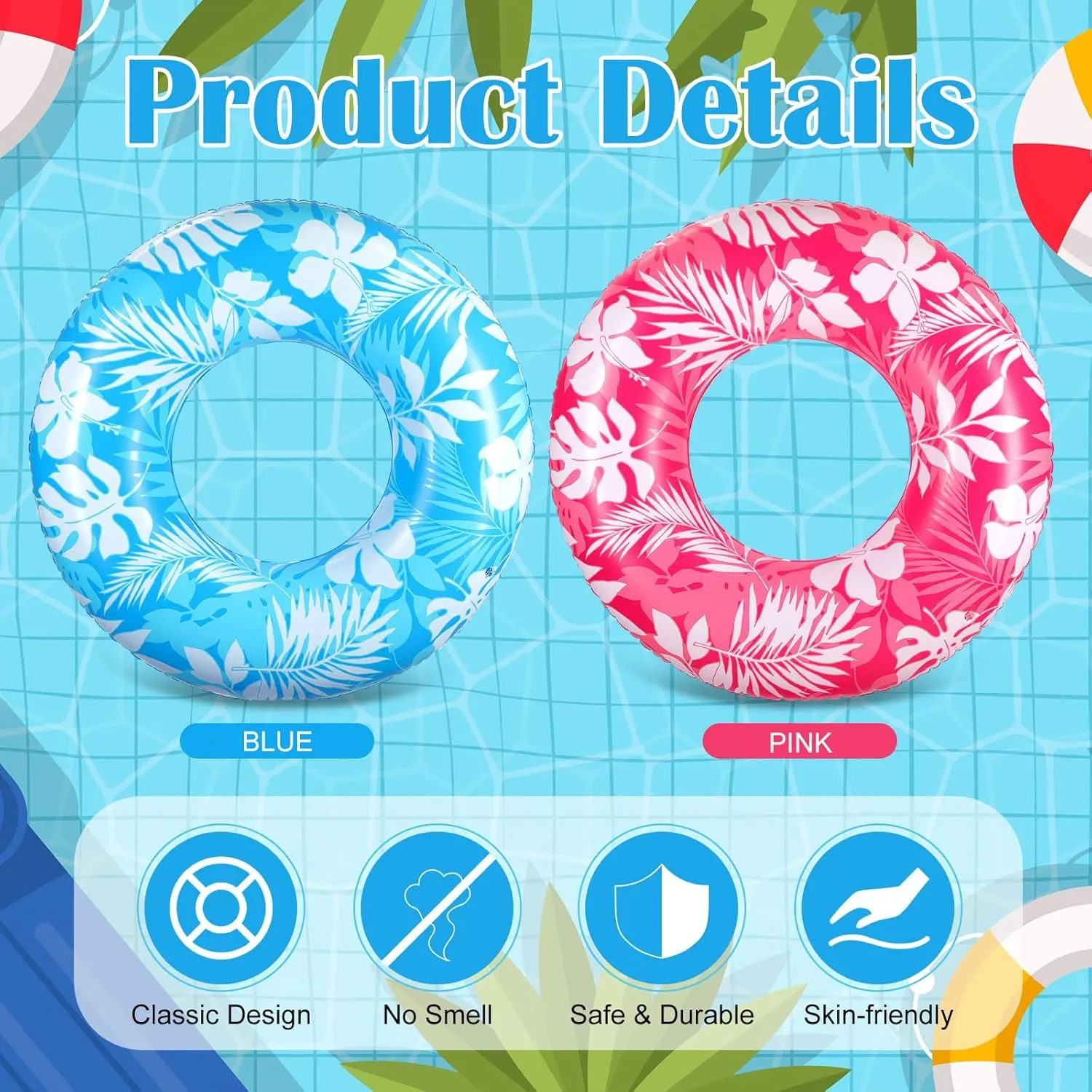 ShinyRelief 2 Pcs Pool Tubes for Adults 42inch Large Inflatable Floats Tube Tropical Leaves Inflatable Pool Floats Rings Colorful Swimming Ring Summer Hawaii Swimming Beach (Light Blue,Pink)