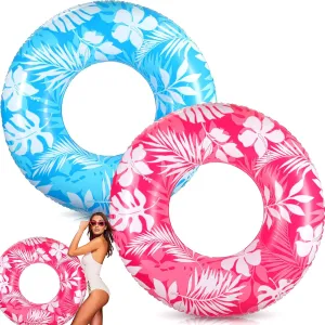 ShinyRelief 2 Pcs Pool Tubes for Adults 42inch Large Inflatable Floats Tube Tropical Leaves Inflatable Pool Floats Rings Colorful Swimming Ring Summer Hawaii Swimming Beach (Light Blue,Pink)