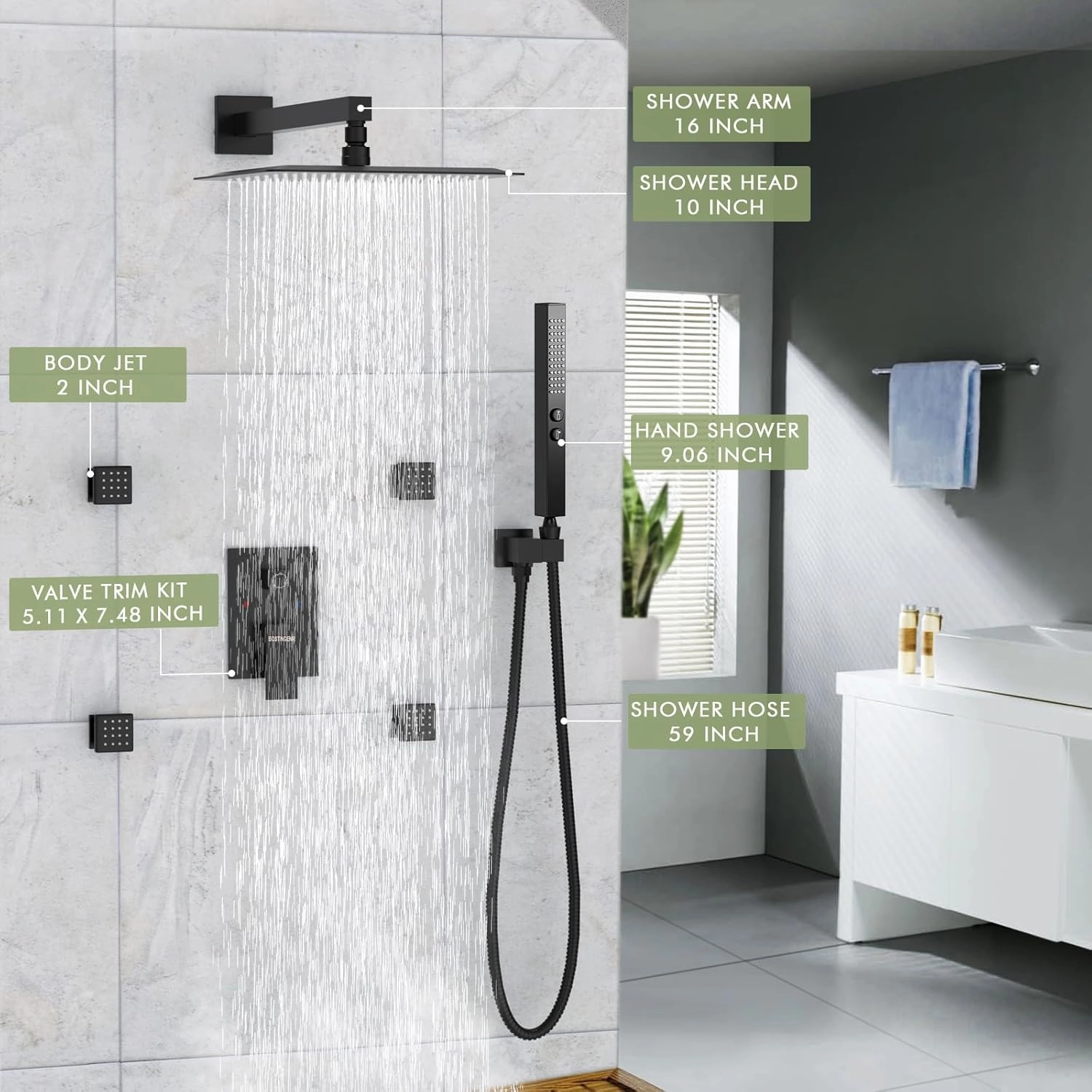 Shower System Matte Black Shower Faucet Set, Bostingner 10" Rain Shower Head with 2 In 1 Handheld Spray and 4 Body Jets, Wall Mounted All Metal 3 Way Shower Set with Rough-in Valve and Trim Kit