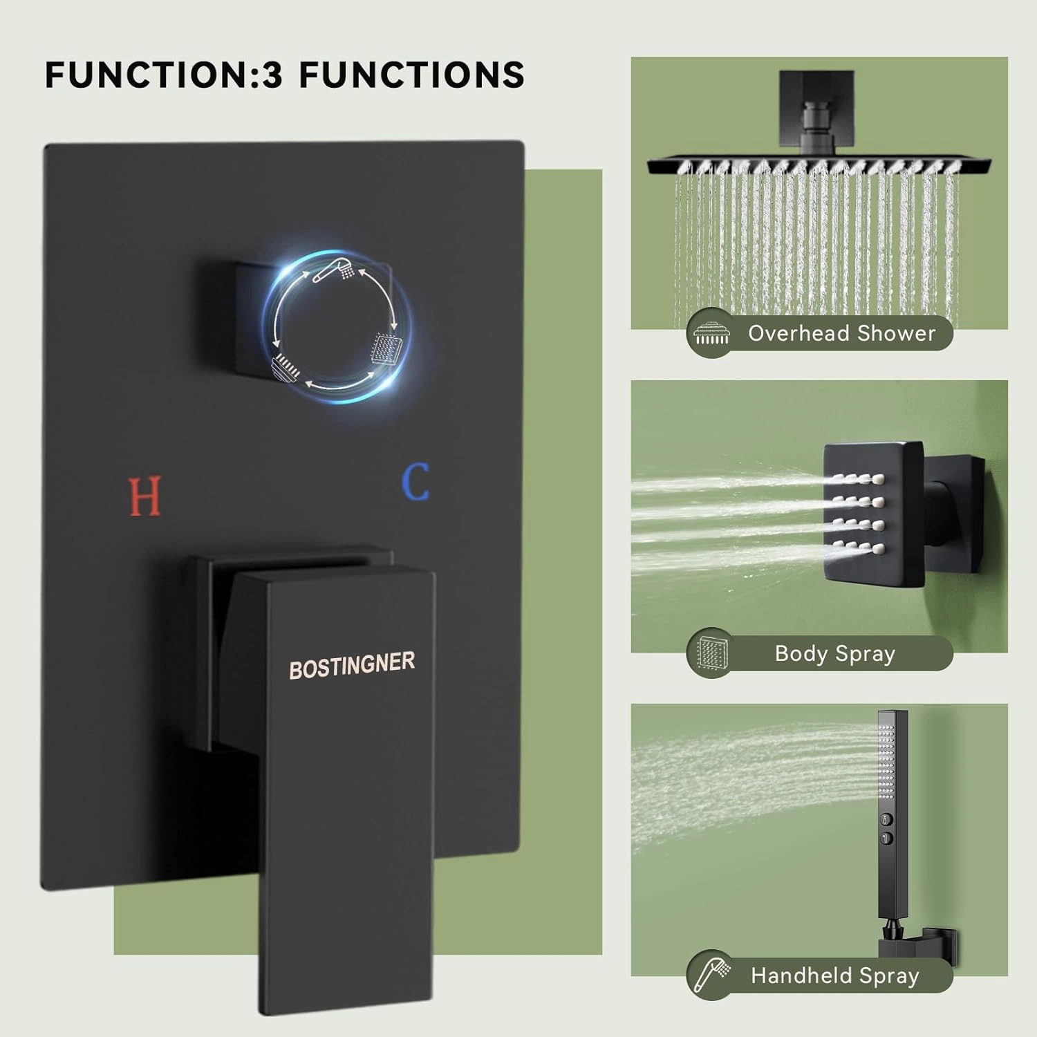 Shower System Matte Black Shower Faucet Set, Bostingner 10" Rain Shower Head with 2 In 1 Handheld Spray and 4 Body Jets, Wall Mounted All Metal 3 Way Shower Set with Rough-in Valve and Trim Kit