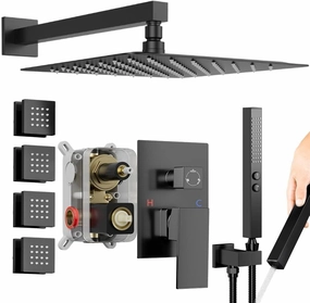 Shower System Matte Black Shower Faucet Set, Bostingner 10" Rain Shower Head with 2 In 1 Handheld Spray and 4 Body Jets, Wall Mounted All Metal 3 Way Shower Set with Rough-in Valve and Trim Kit