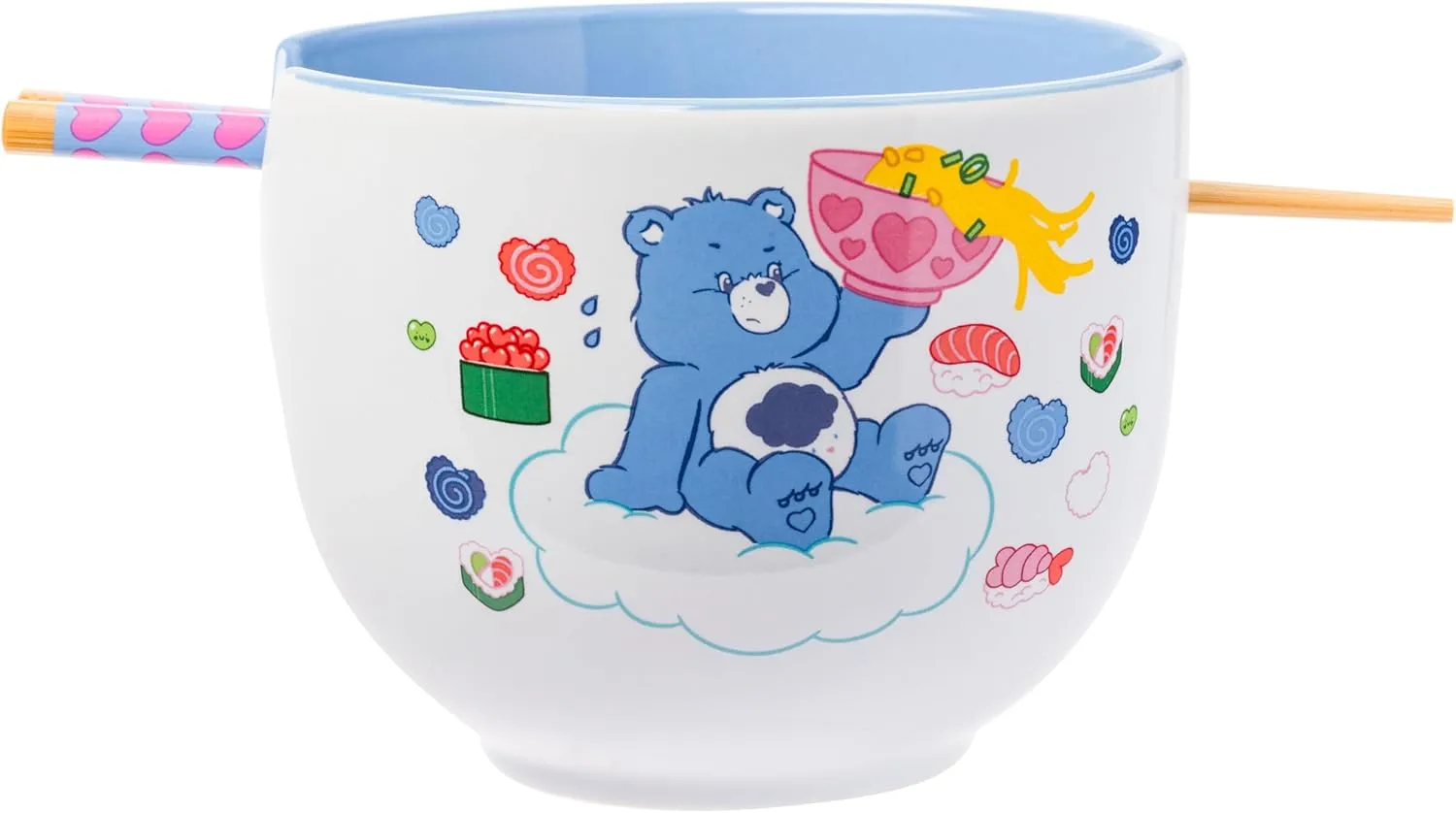 Silver Buffalo Care Bears Food Sushi Ceramic Ramen Noodle Rice Bowl with Chopsticks, Microwave Safe, 20 Ounces