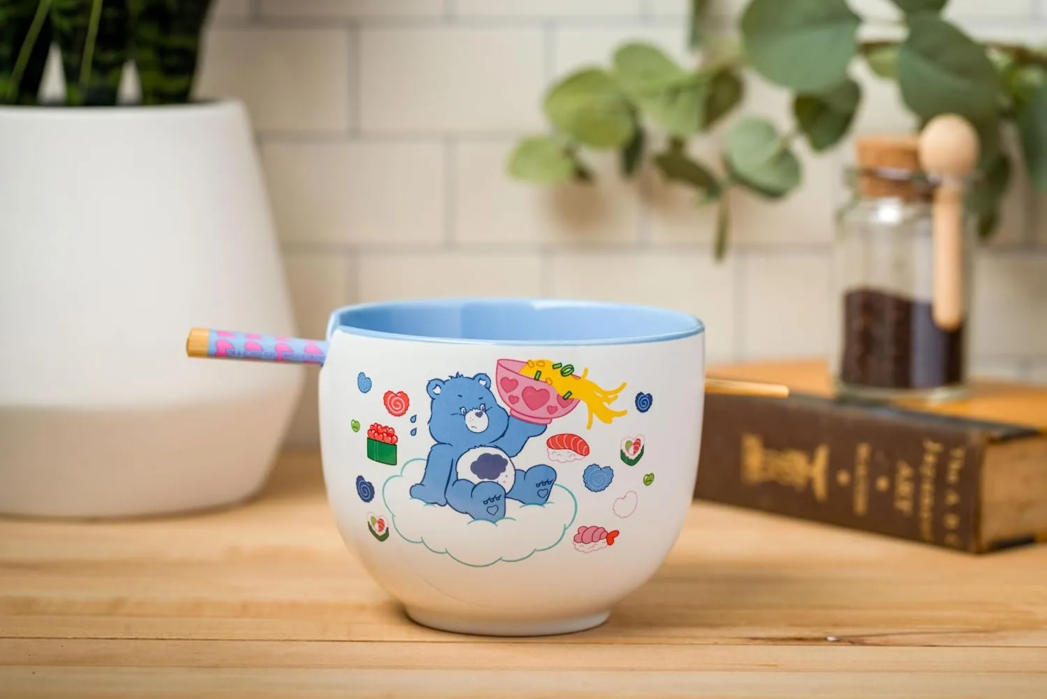 Silver Buffalo Care Bears Food Sushi Ceramic Ramen Noodle Rice Bowl with Chopsticks, Microwave Safe, 20 Ounces