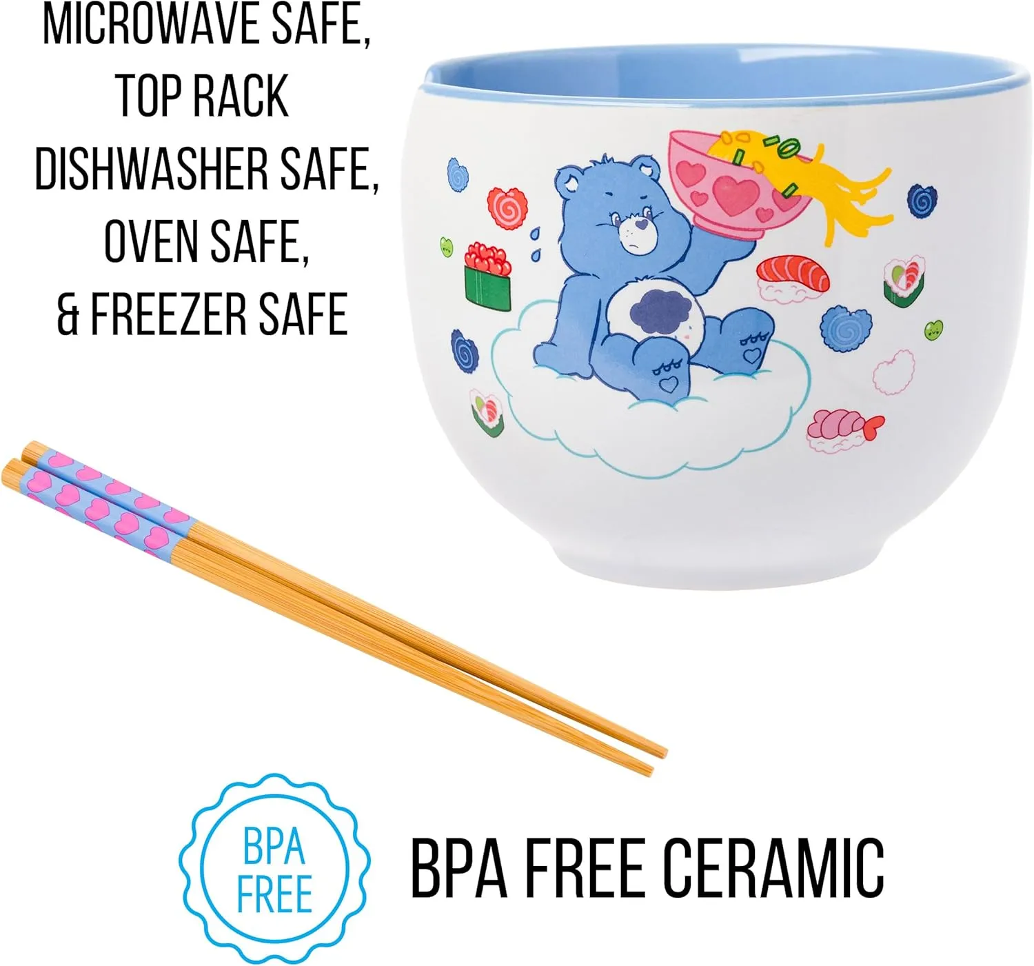 Silver Buffalo Care Bears Food Sushi Ceramic Ramen Noodle Rice Bowl with Chopsticks, Microwave Safe, 20 Ounces