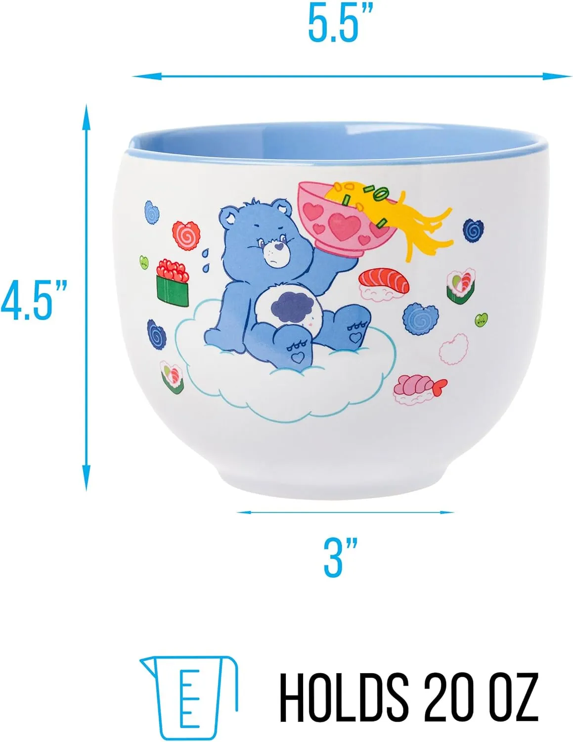 Silver Buffalo Care Bears Food Sushi Ceramic Ramen Noodle Rice Bowl with Chopsticks, Microwave Safe, 20 Ounces